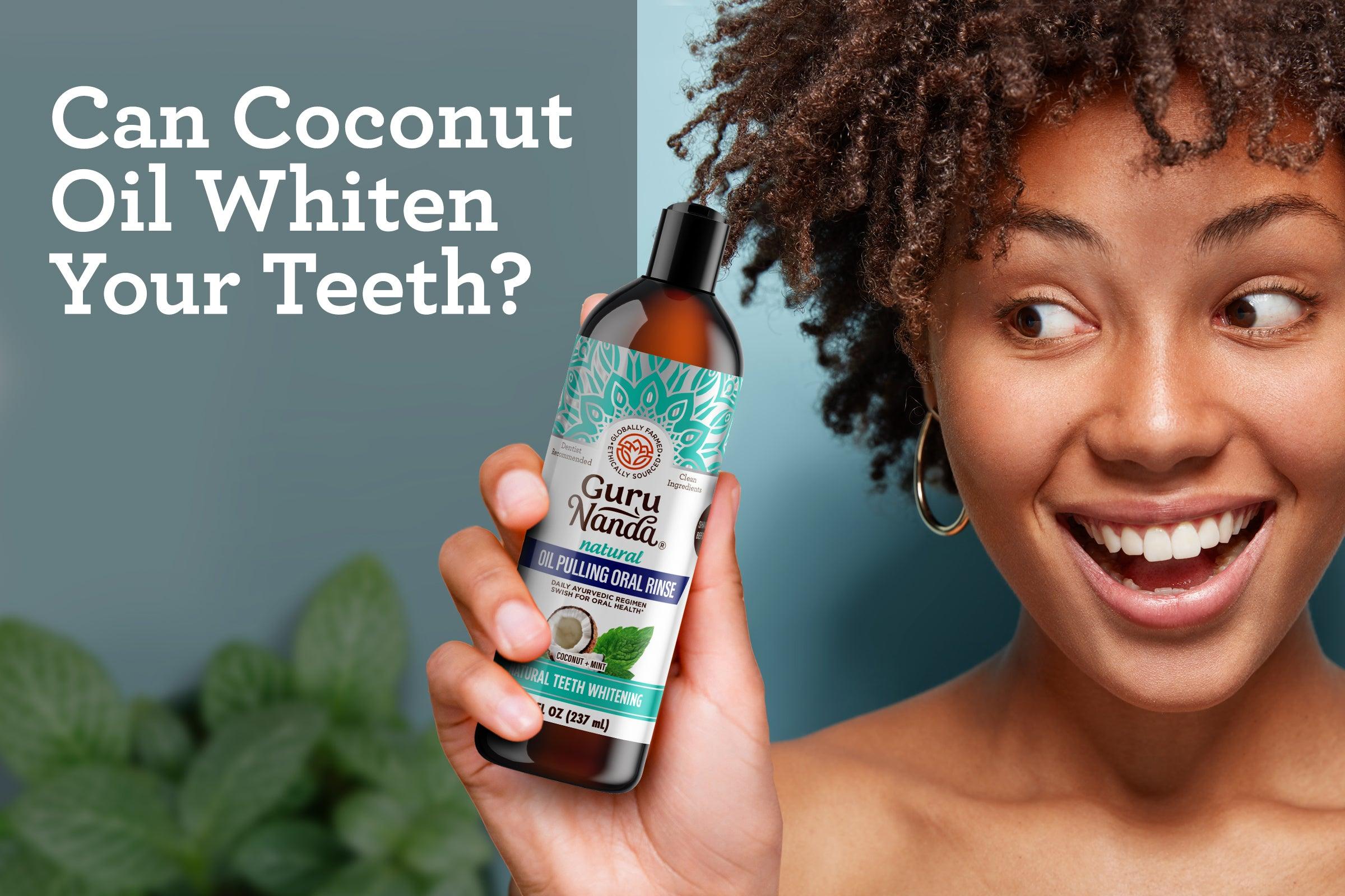 Promotional visual showing coconut oil pulling product and smiling woman