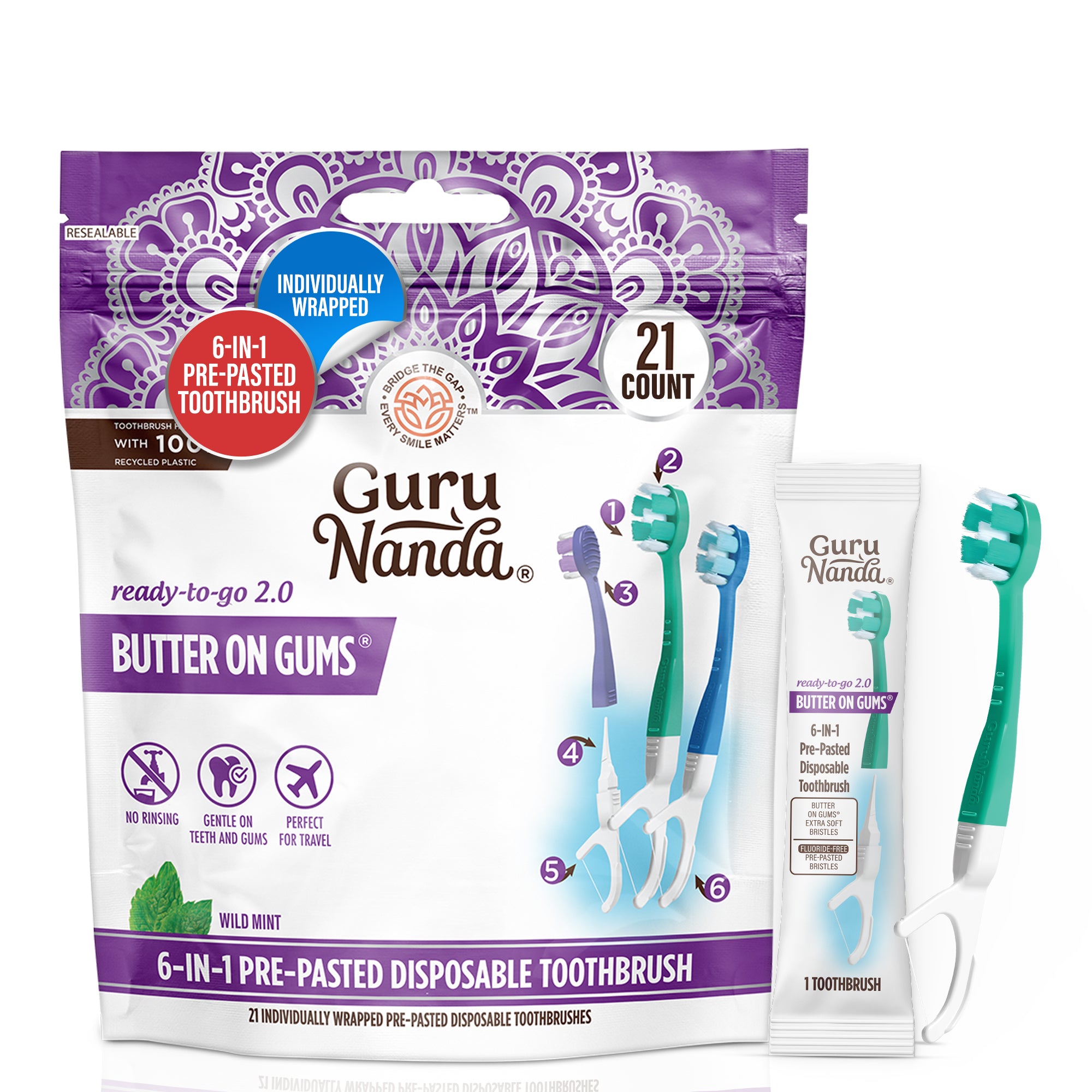 6-in-1 Ready to Go Butter on Gums Pre-Pasted Toothbrushes 2.0 – 21 Count