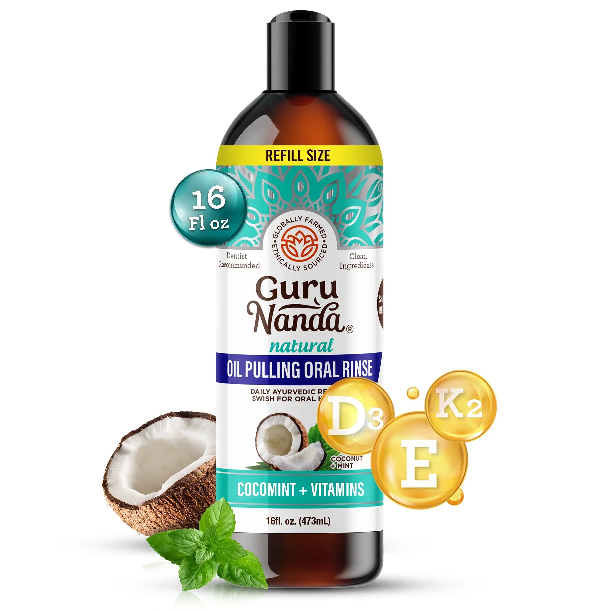 Bottle of Guru Nanda oil pulling oral rinse with coconut and vitamins on a white background