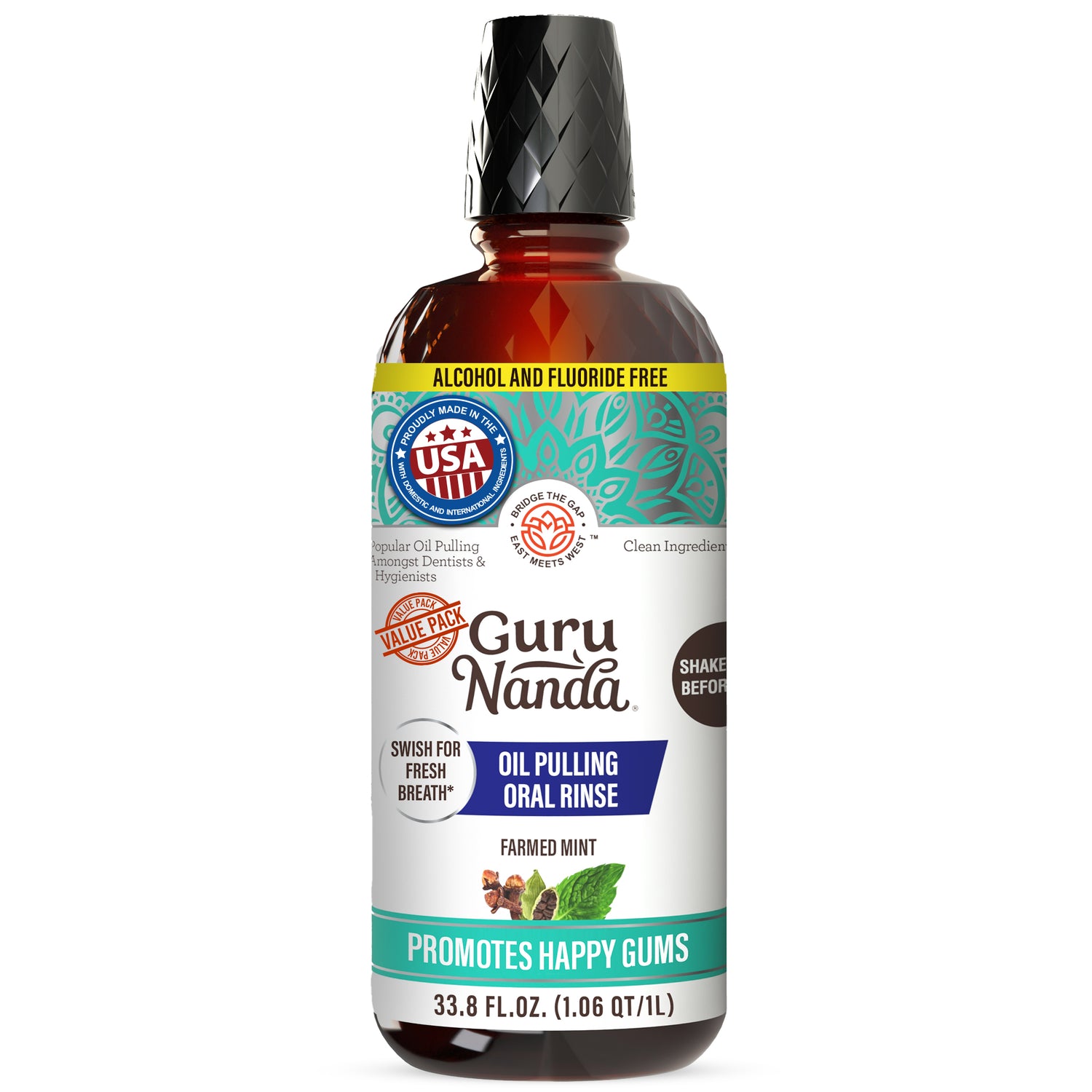 Bottle of Guru Nanda oil pulling oral rinse on a white background