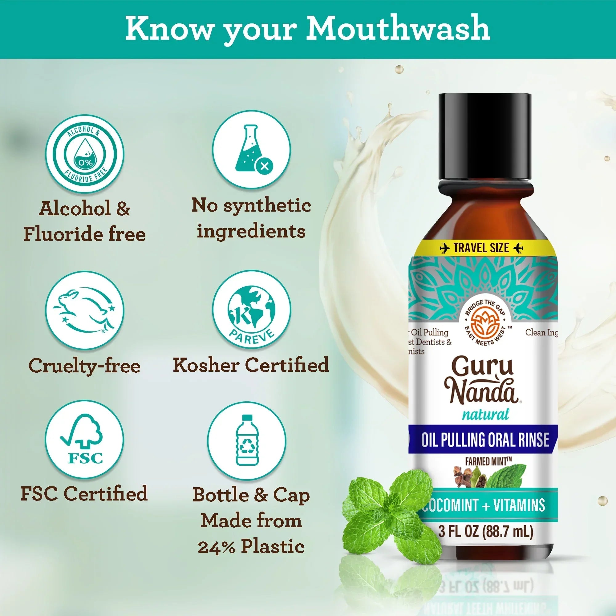 Guru Nanda oil pulling oral rinse bottle with certification icons on a light green background