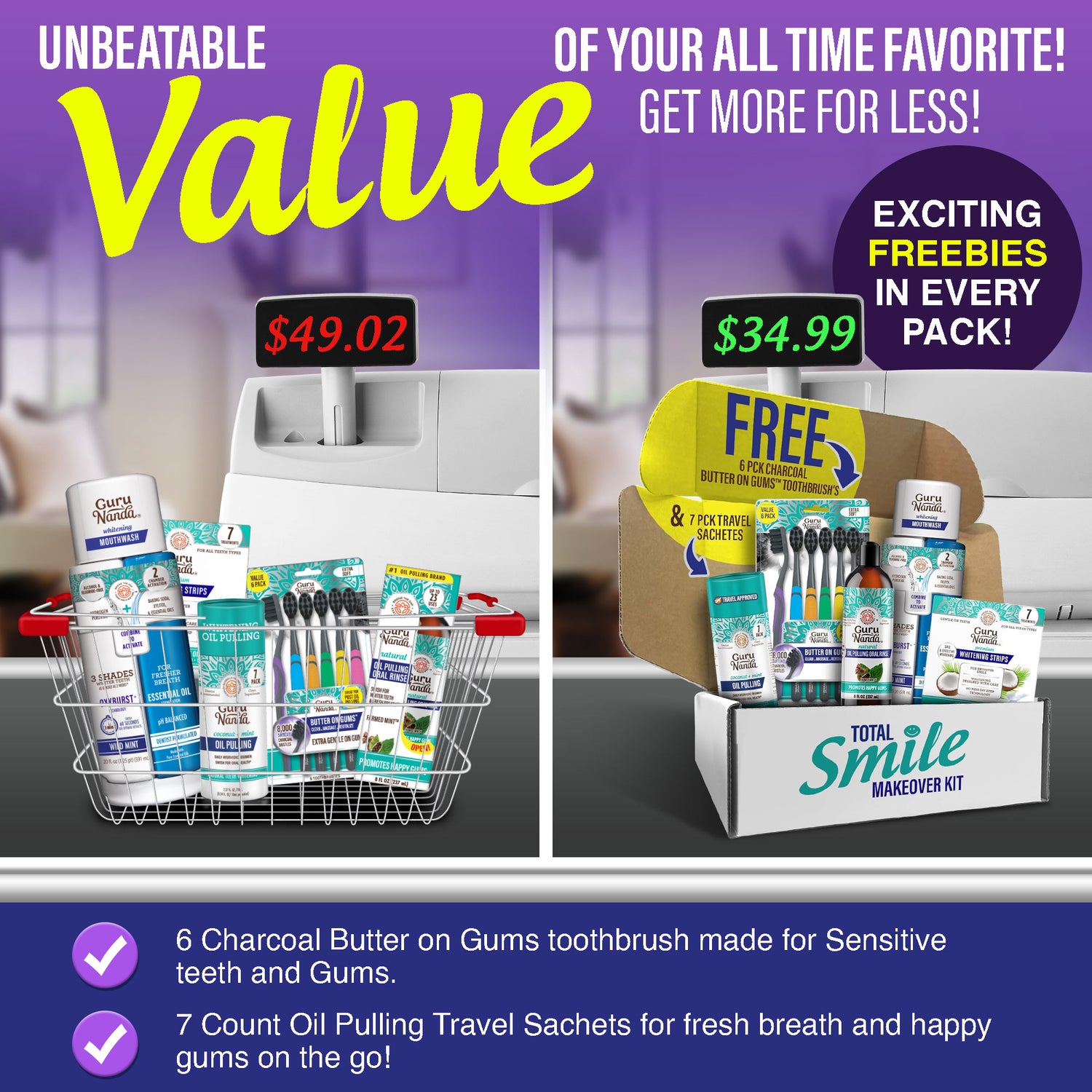 Total Smile Makeover Charcoal Kit - 8oz Cocomint Pulling Oil + Dual Barrel Mouthwash + Whitening Strips + 6 Pack Butter on Gums Toothbrush + 7 Oil Pulling Travel Sachets