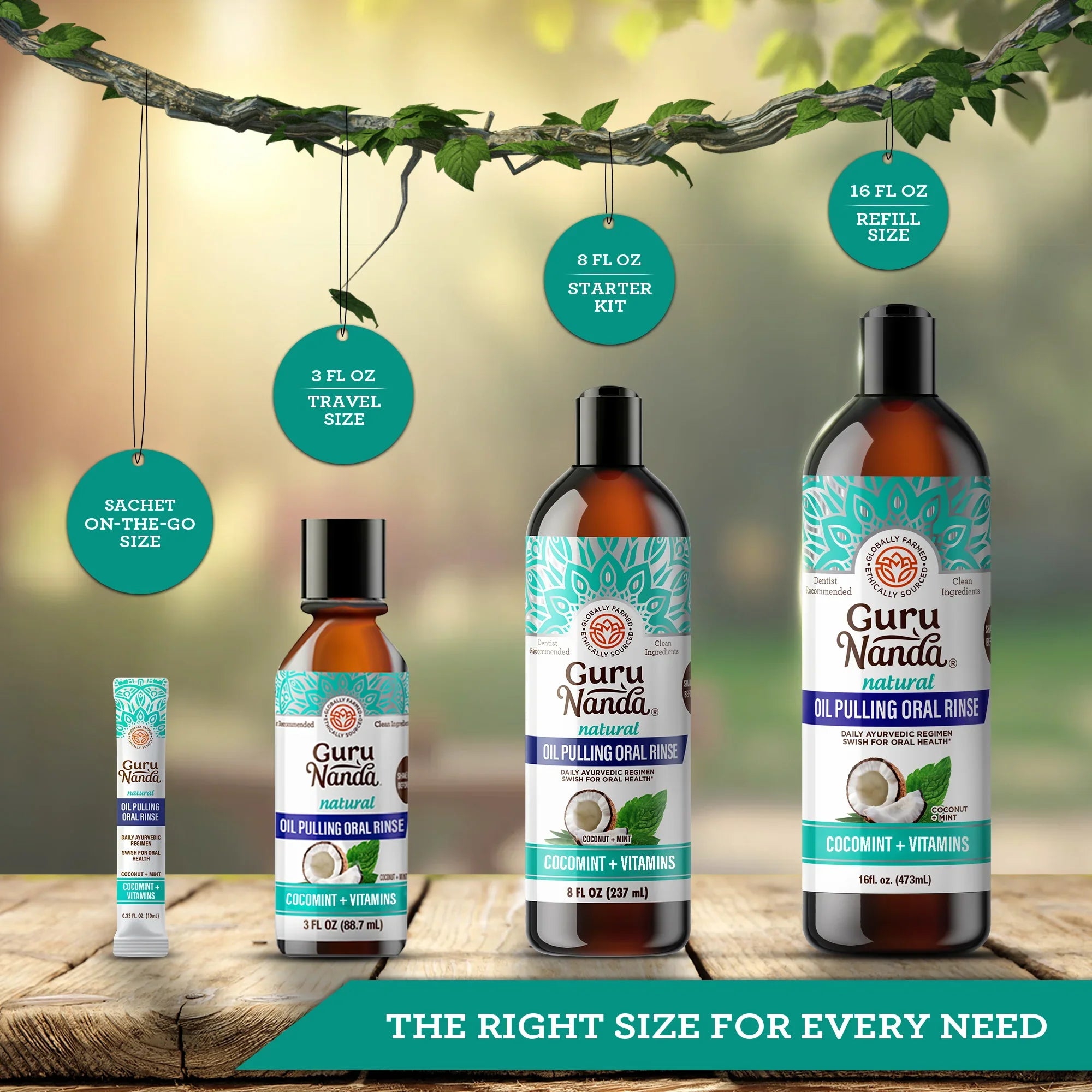 Guru Nanda oil pulling products on a wooden surface with a natural background