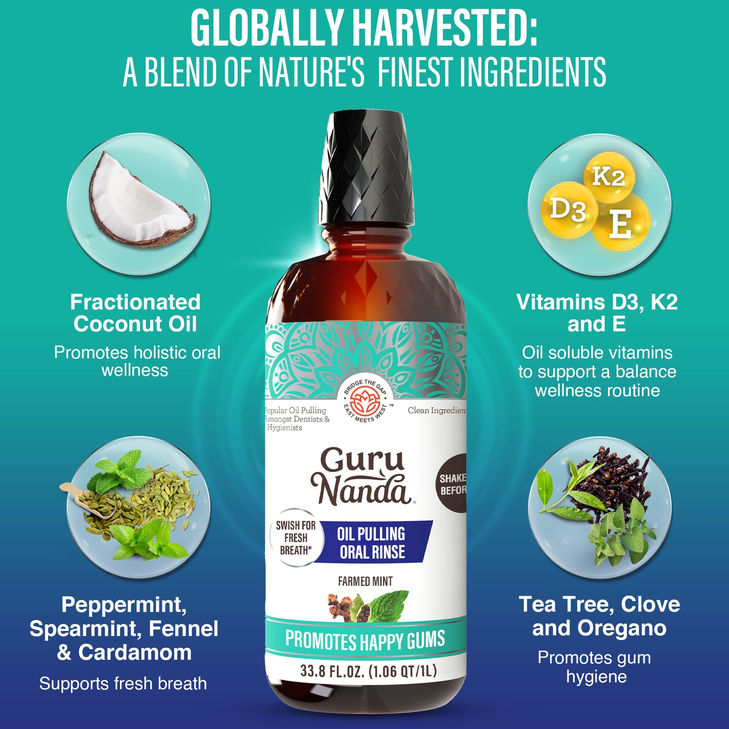 Bottle of Guru Nanda oil pulling product with ingredients and benefits on a blue and green gradient background