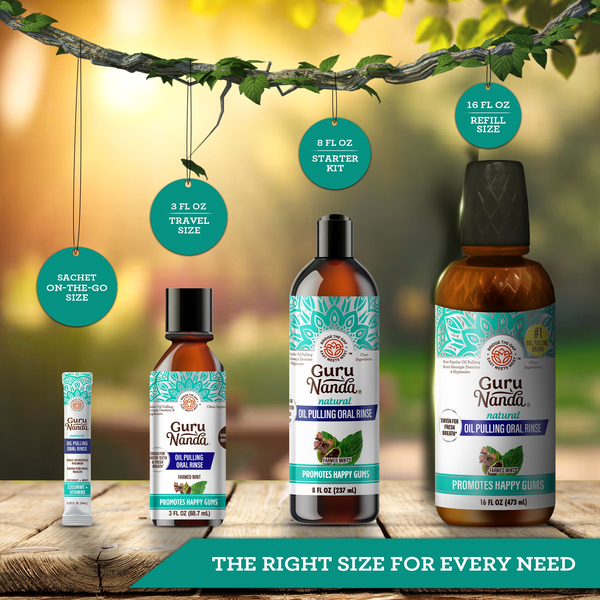 Guru Nanda oil pulling products with various sizes on a wooden surface and nature background