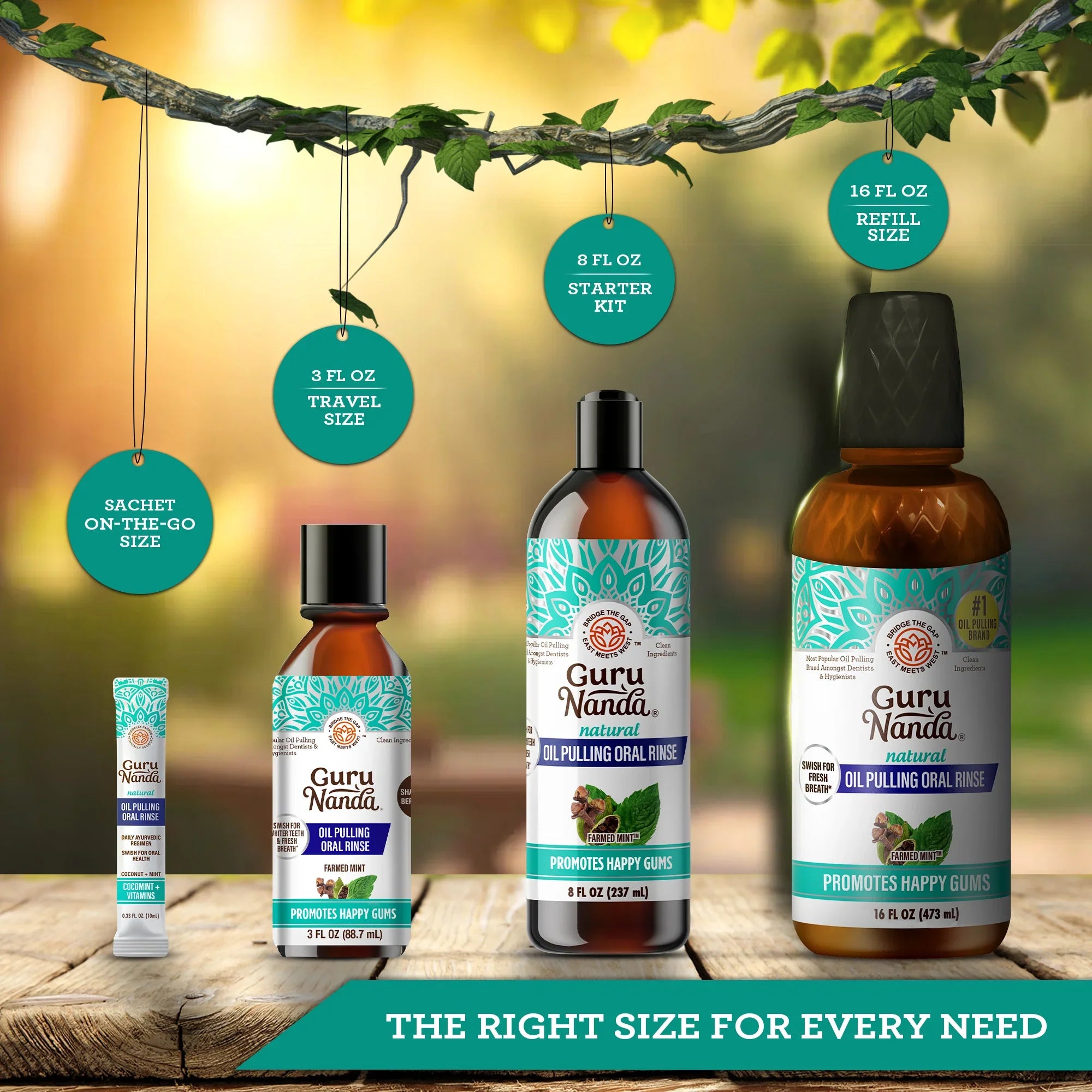 Guru Nanda oil pulling products with various sizes on a wooden surface and nature background