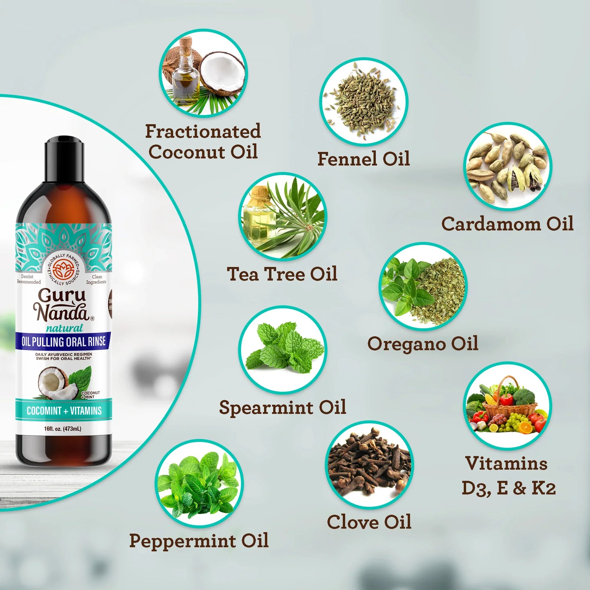 Guru Nanda oil pulling product with ingredients listed on a gray background