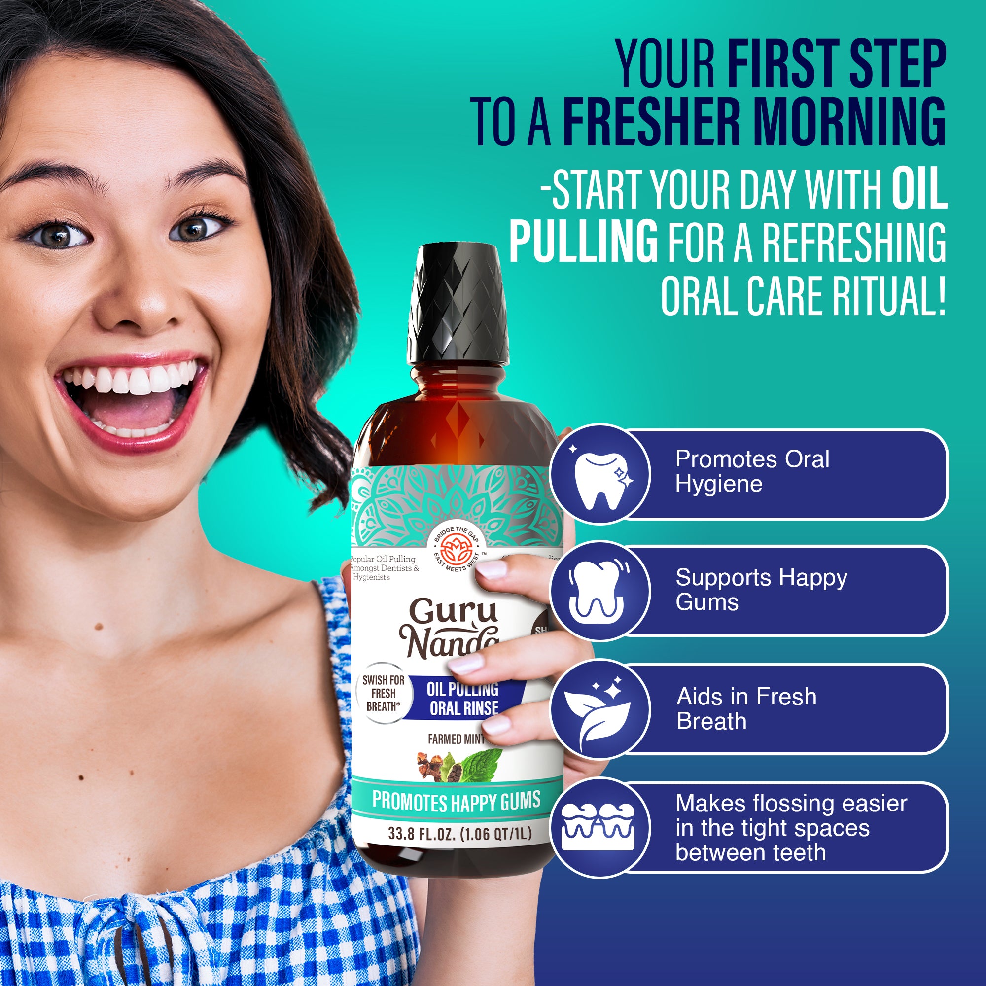 Woman holding a bottle of Guru Nandi oil pulling product with promotional text on a teal and blue background.