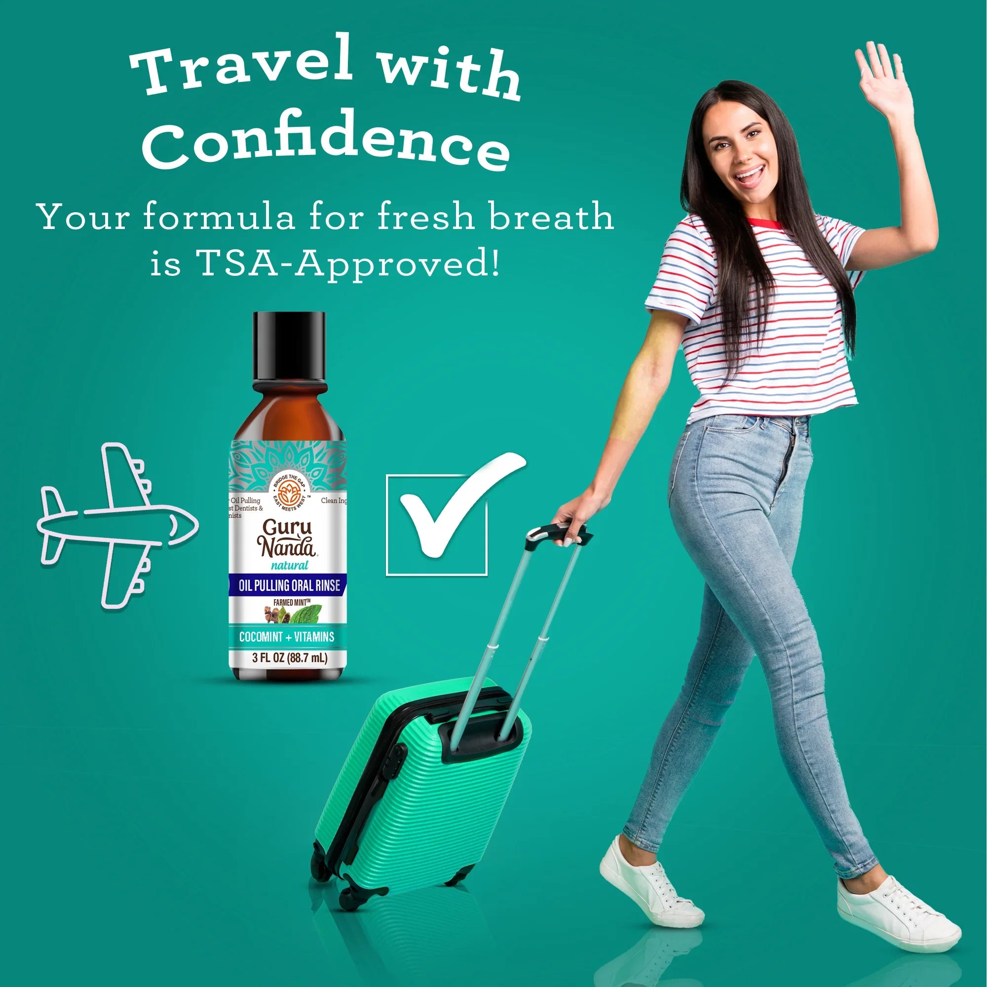 Woman with a suitcase and Guru Nanak oil pulling drops bottle, promoting TSA-approved fresh breath solution.