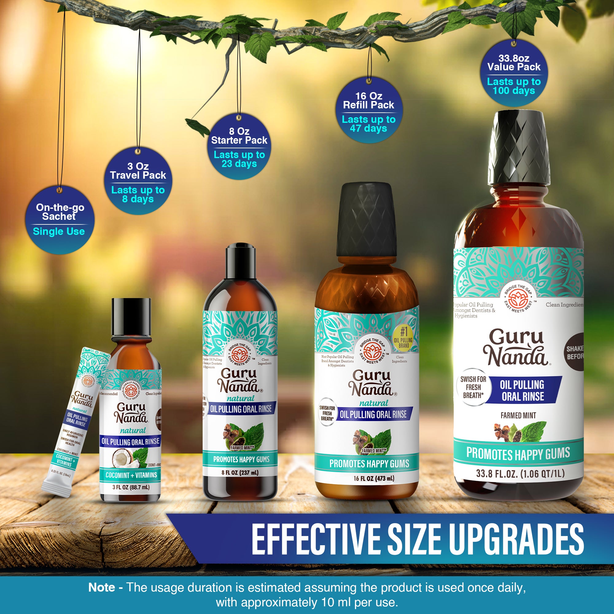 Collection of Guru Nanda oil pulling products with labels on a wooden surface.