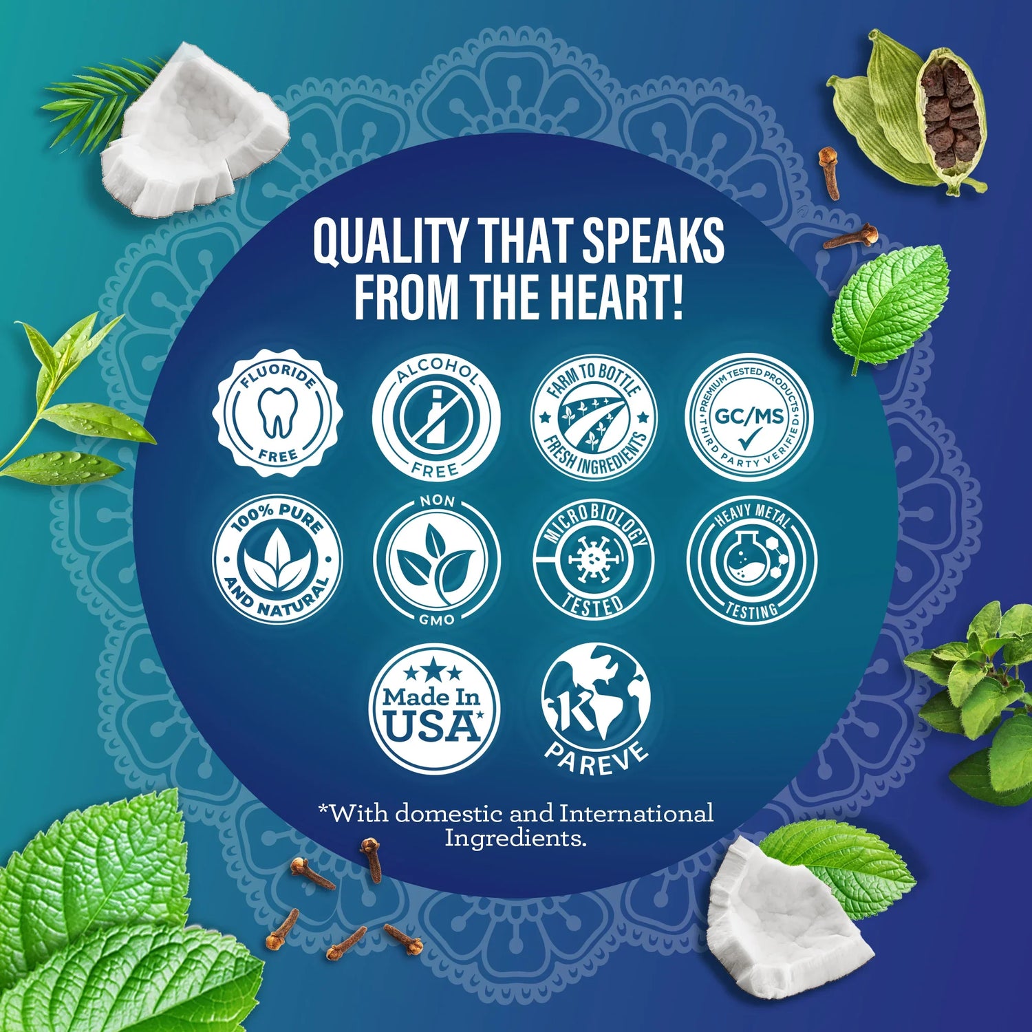 Product label with quality certification icons and natural ingredients on a blue background