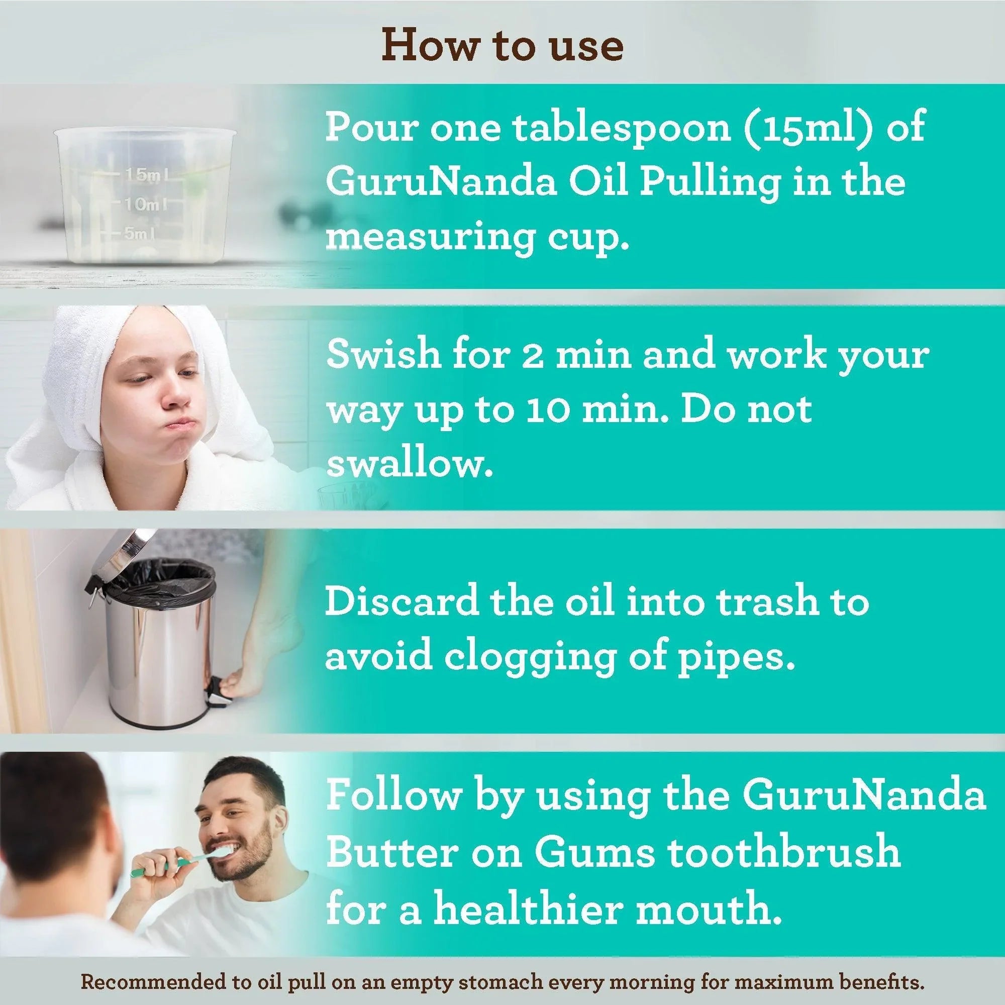Instructions for using GuruNanda Oil Pulling with images and text.