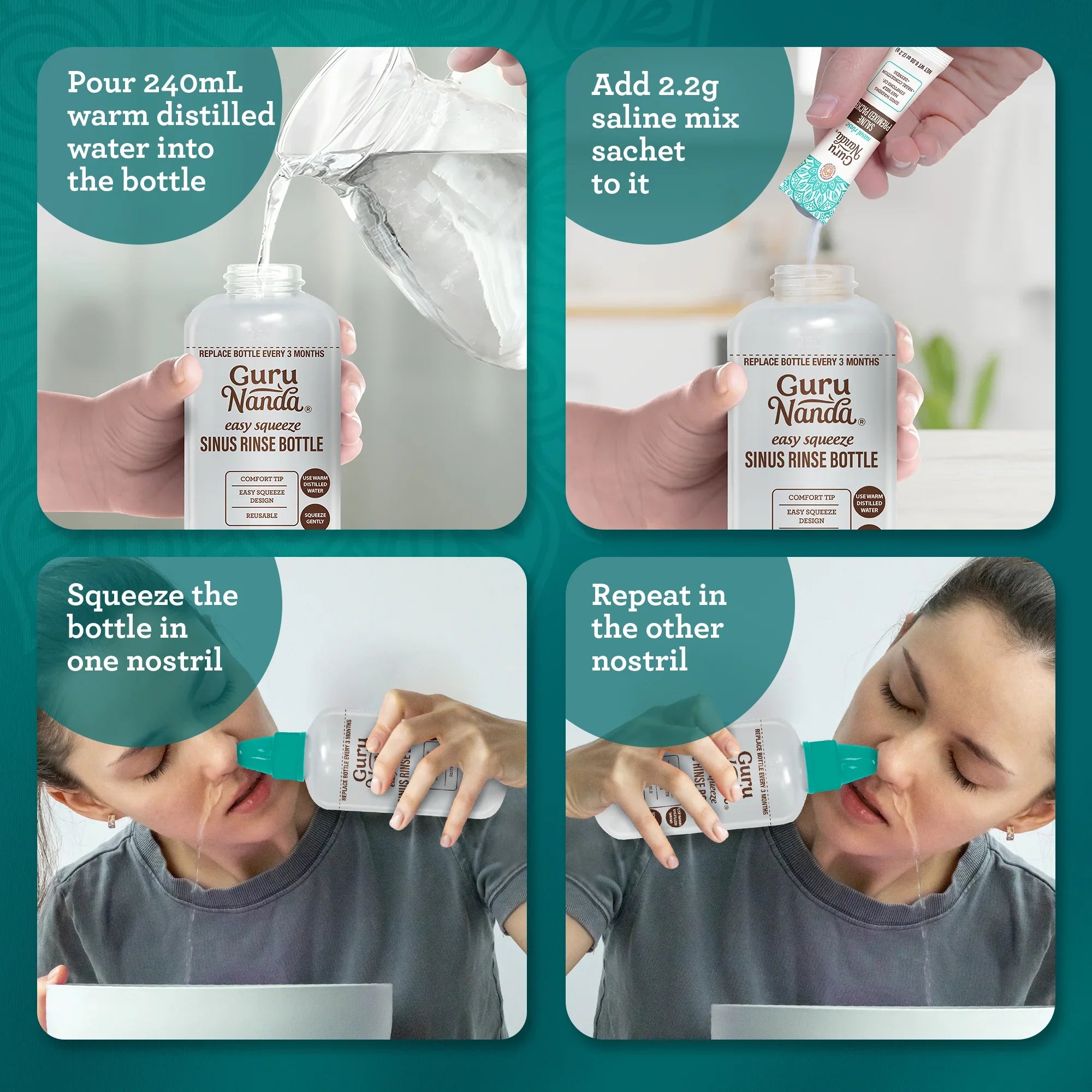 Bouteille de rinçage des sinus + sachets de solution saline prémélangée 120 unités