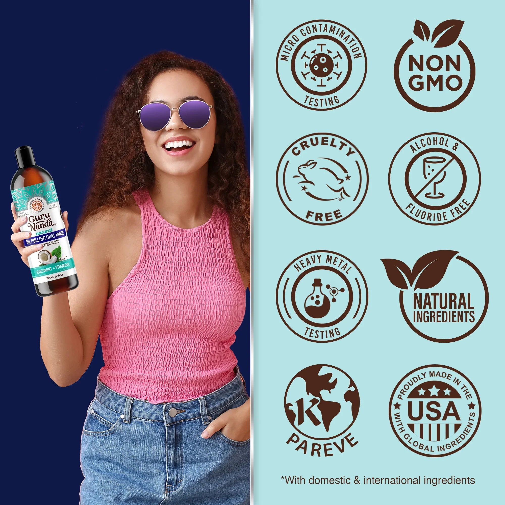 Woman holding a bottle of Guru Nanak products with certification logos on a blue background