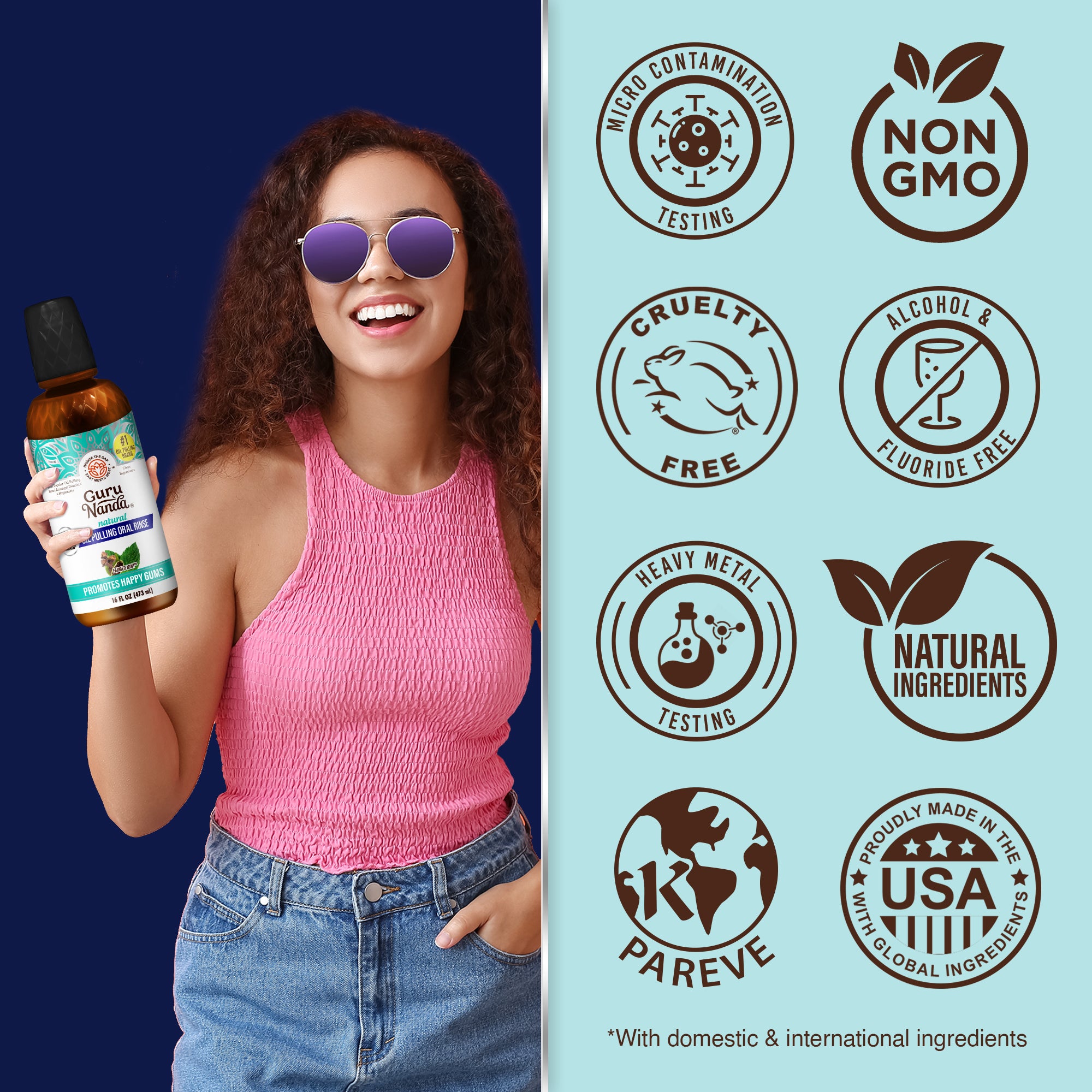 Woman holding a bottle of a product with certification logos on a blue background