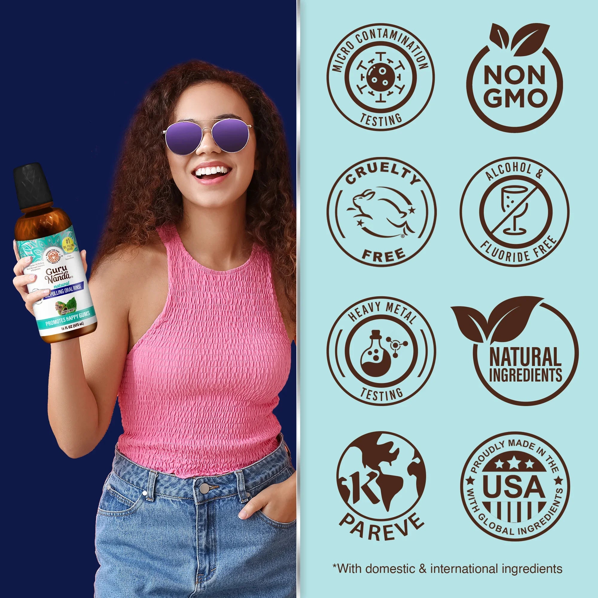 Woman holding a bottle of a product with certification logos on a blue background