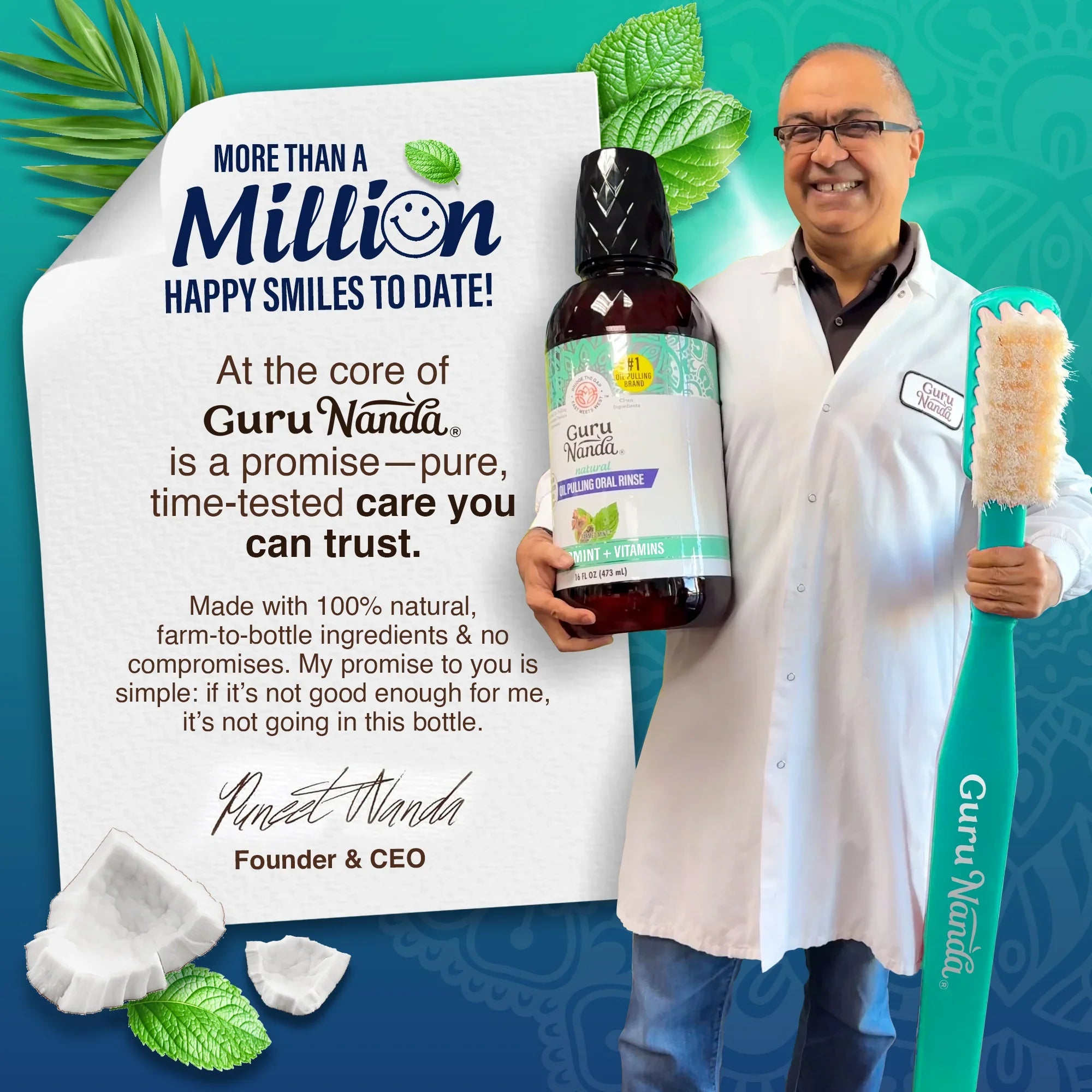 Person holding a bottle of Guru Nanda product with promotional text and branding elements.