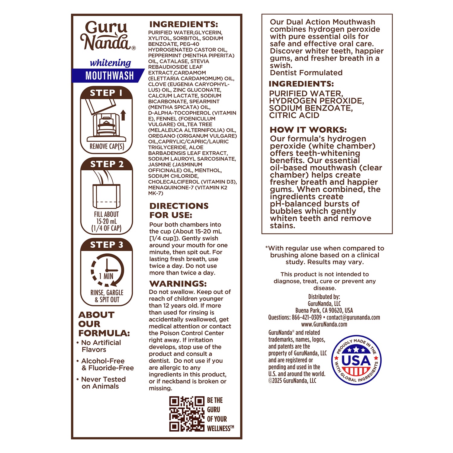 Guru Nanda mouthwash label with ingredients, directions, and branding details.