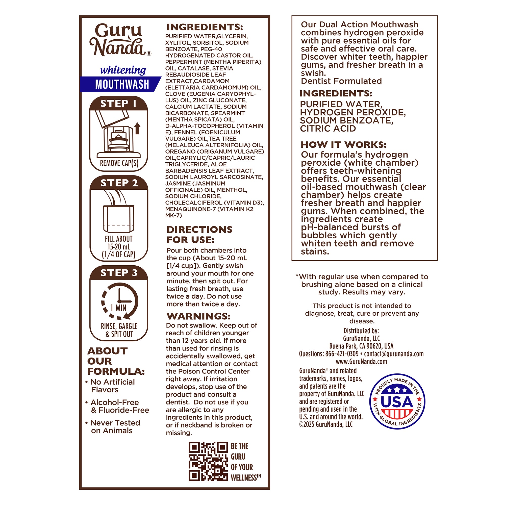 Guru Nanda mouthwash label with ingredients, directions, and branding details.