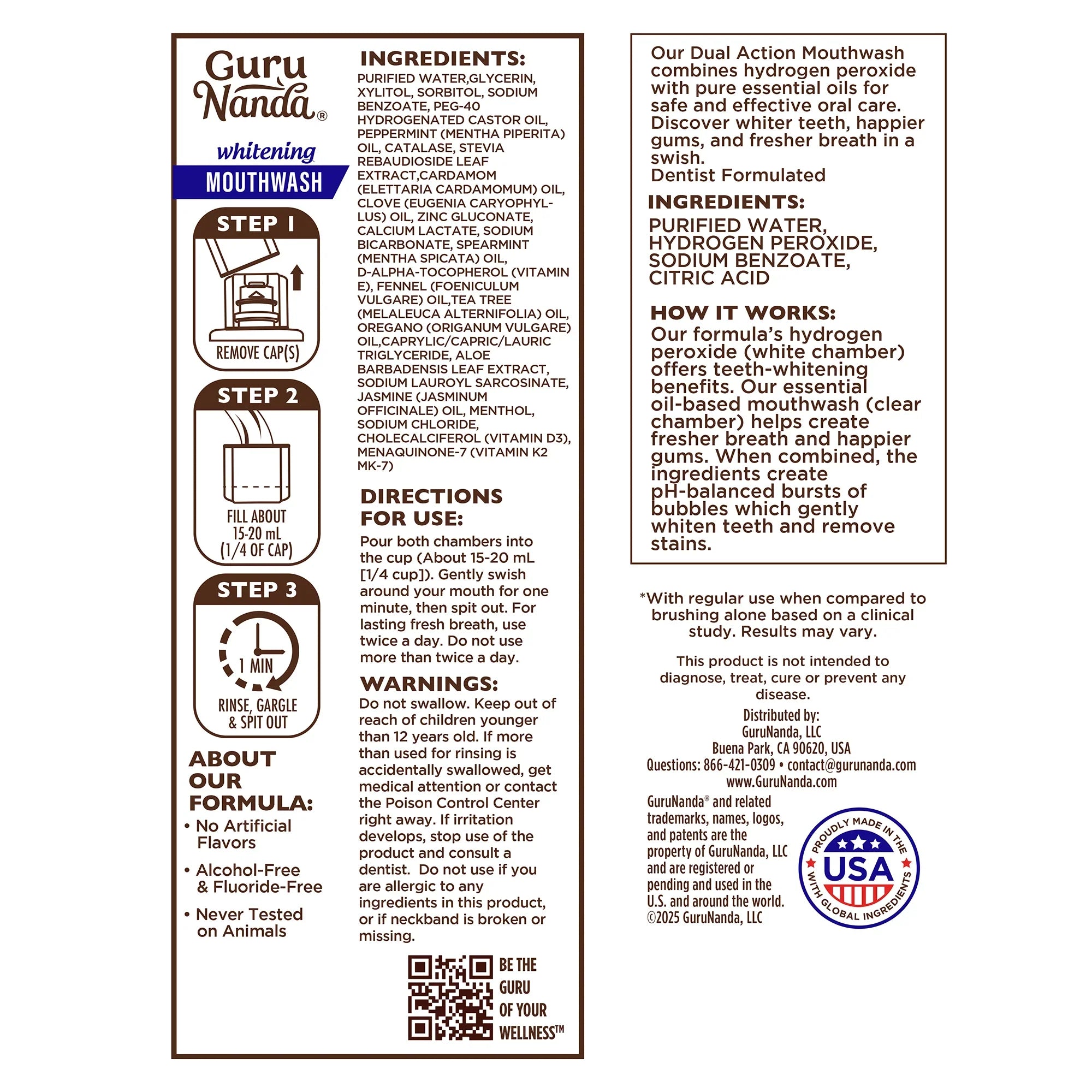 Guru Nanda mouthwash label with ingredients, directions, and branding details.