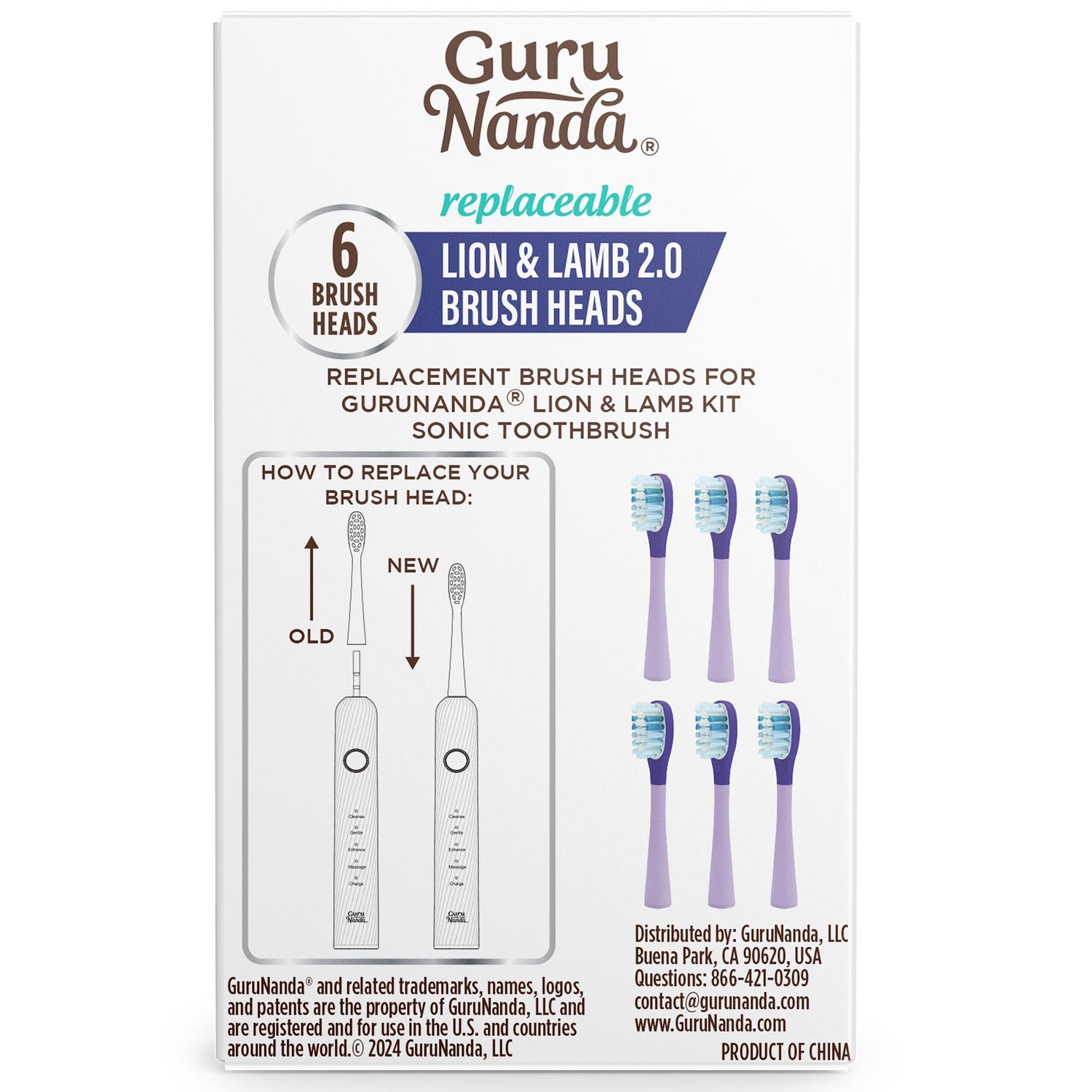 GuruNanda Lion & Lamb 2.0 Replacement Brush Head (Pack of 6) - Lavender