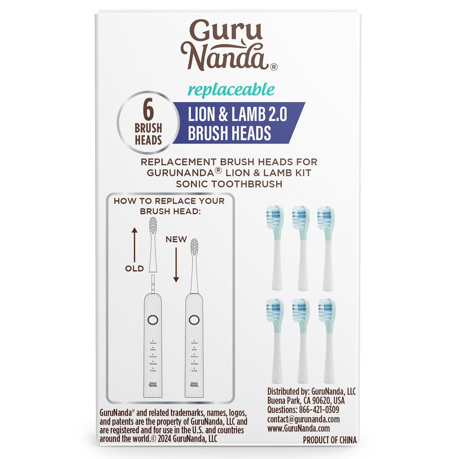 GuruNanda Lion & Lamb 2.0 Replacement Brush Head (Pack of 6) - White