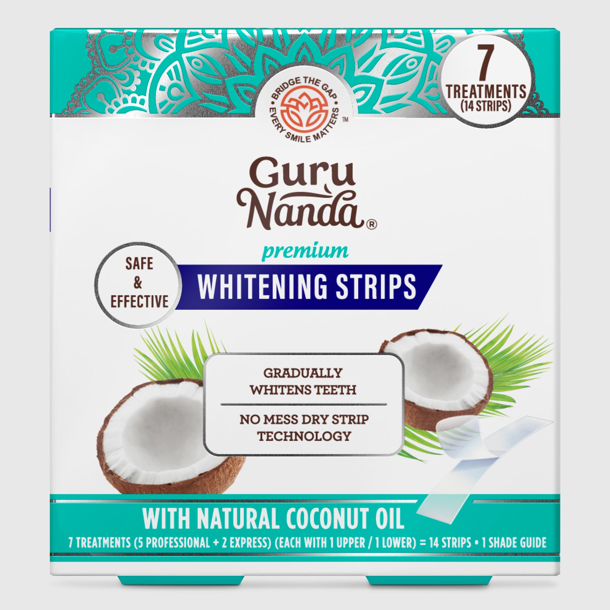 GuruNanda Whitening Strips 7 Day Treatment box with hydrogen peroxide and coconut oil teeth whitening strips