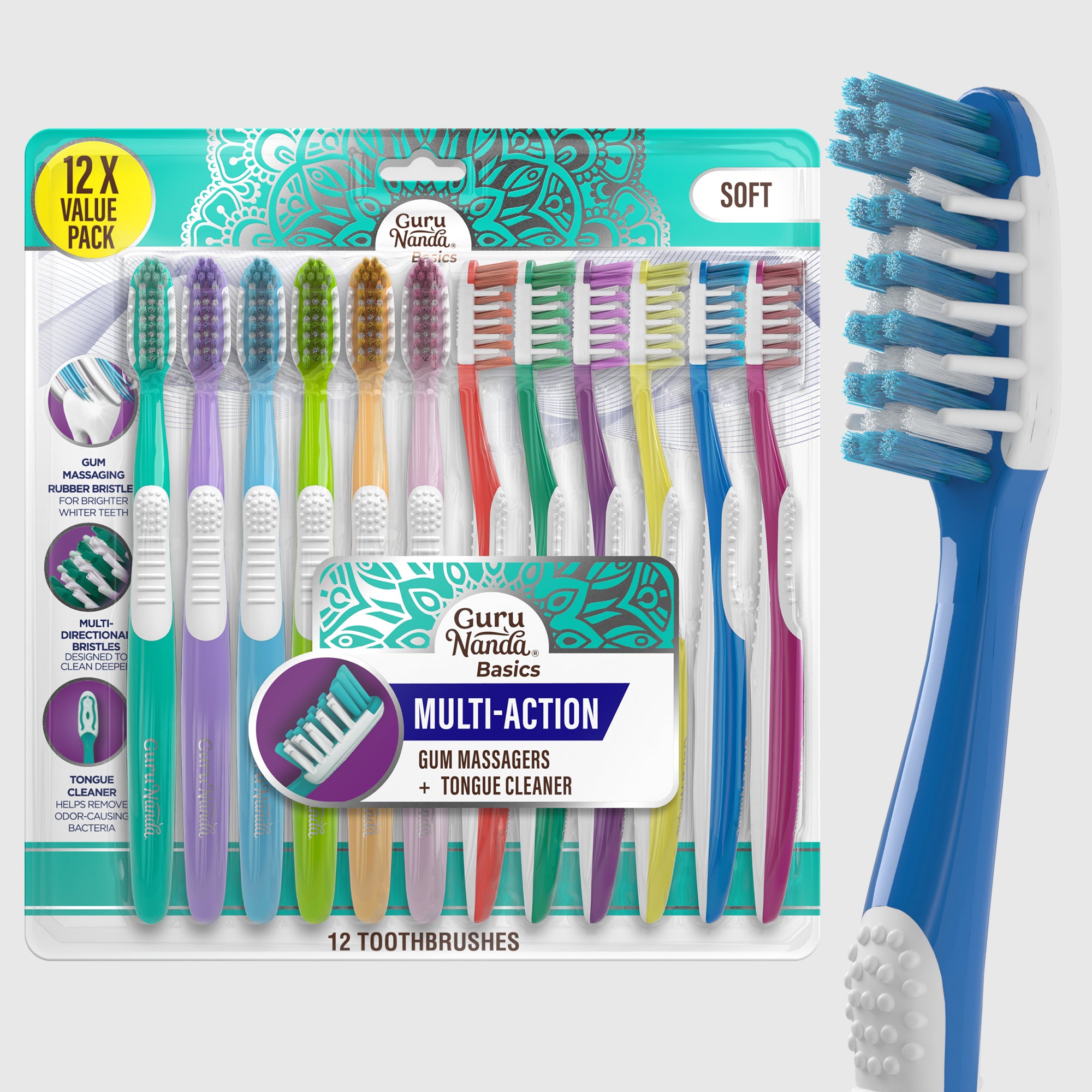 Multi-Action Toothbrush with Tongue Cleaner – 12 Pack – GuruNanda