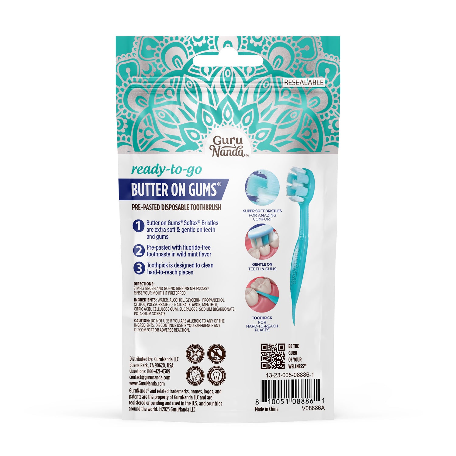 Cepillos de dientes preempastados con mantequilla para encías, listos para usar - 5 unidades