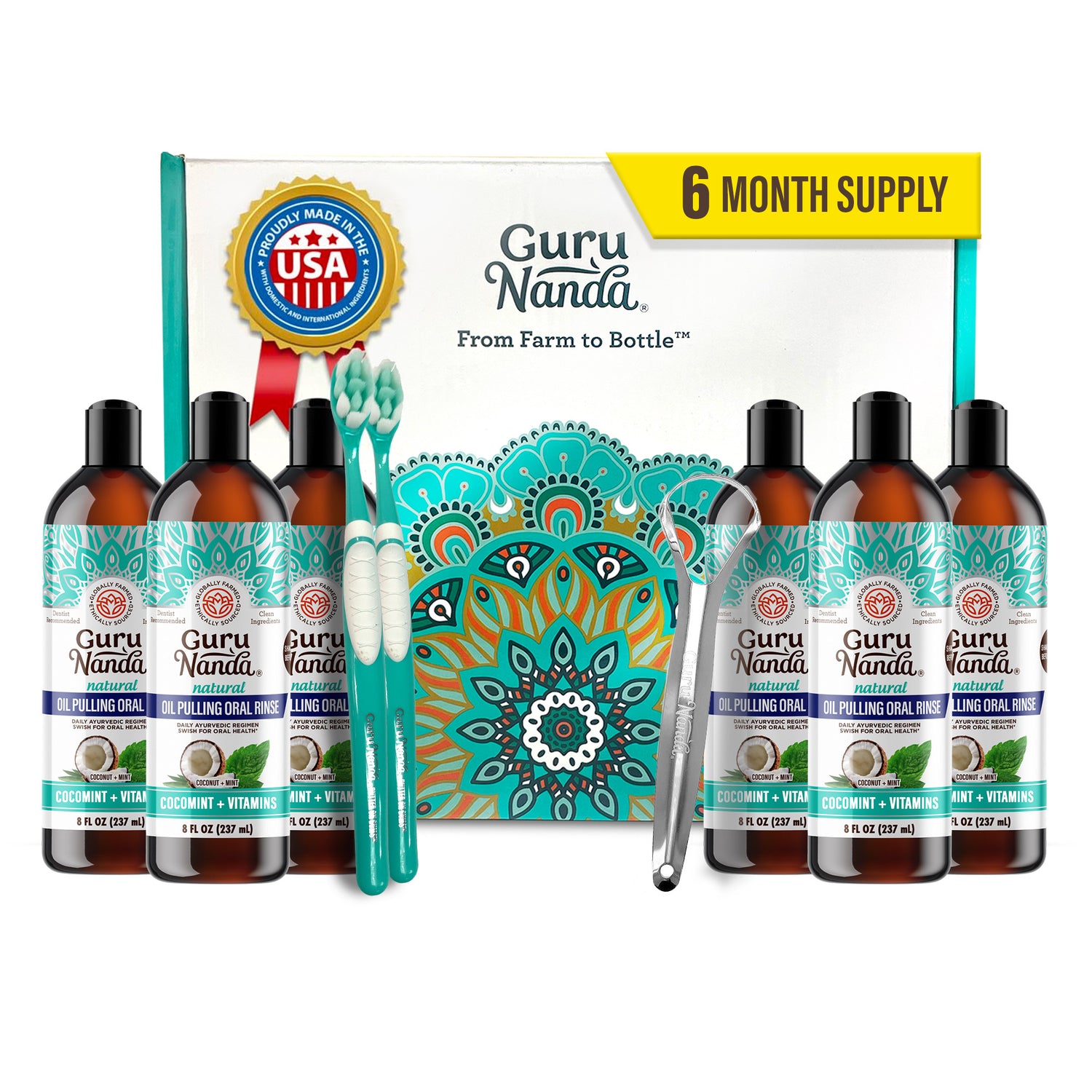 Guru Nanda dental care product set with toothbrushes and packaging on a white background
