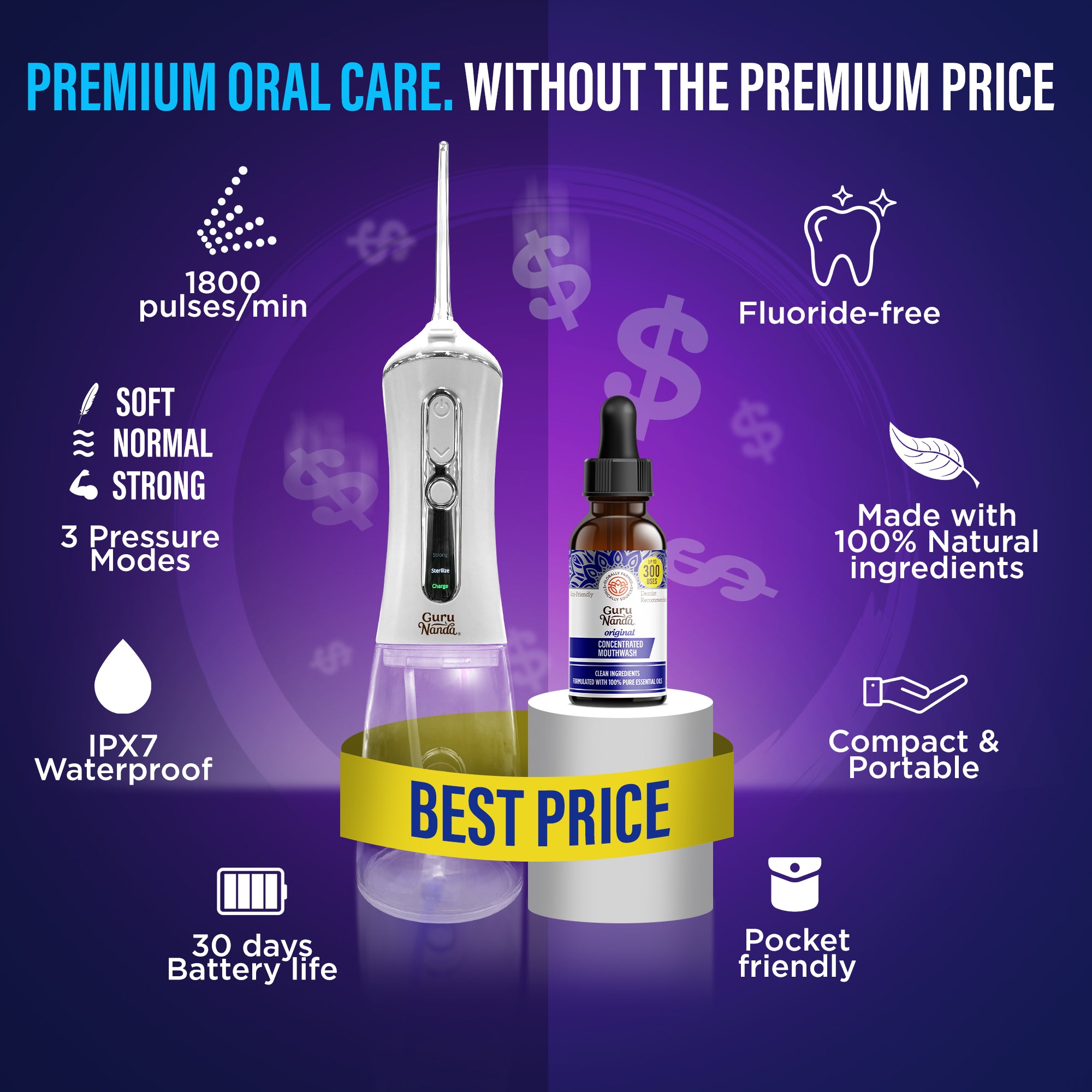 Irrigador bucal avanzado (con luz ultravioleta) + enjuague bucal concentrado