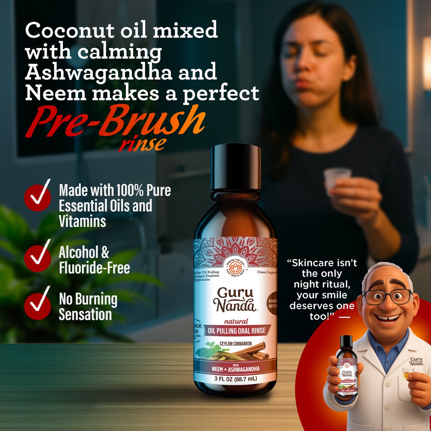 Tamaño de viaje - Aceite de coco y canela para enjuagar + Neem y ashwagandha - 3 oz