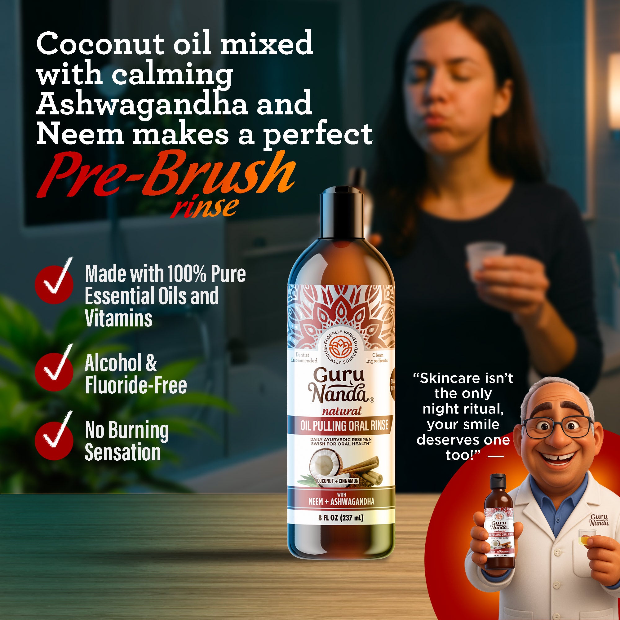 Bottle of Guru Nanda oil pulling product with text about its ingredients and benefits, and a woman using it.