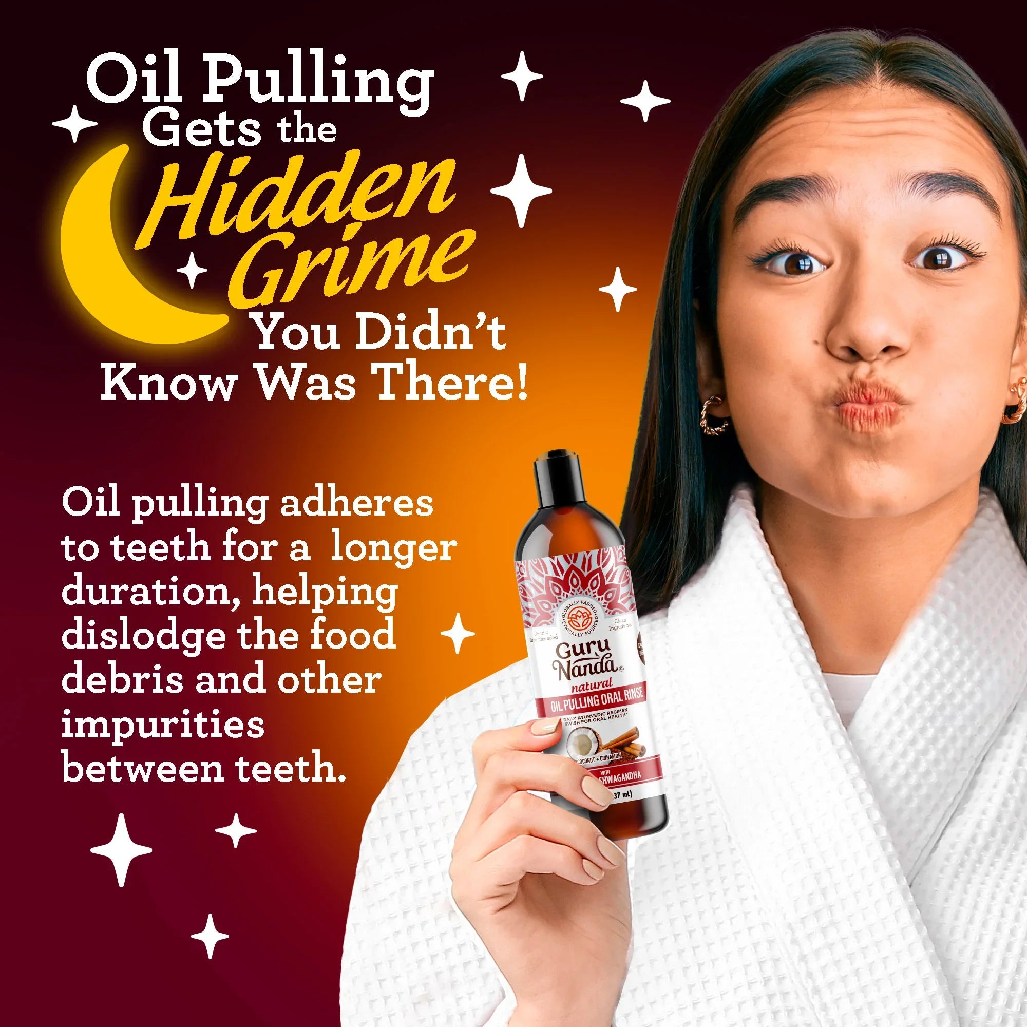 Woman holding a bottle of oil pulling product with promotional text on a dark background