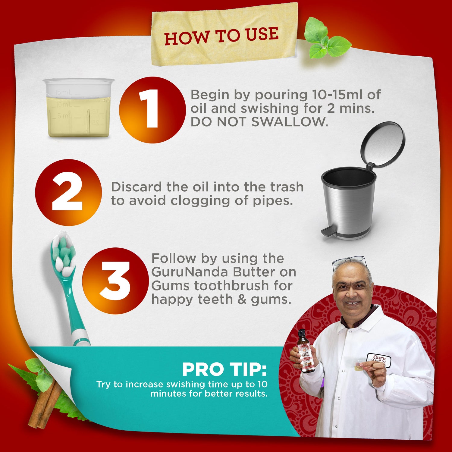 Instructions for using a dental product with a man holding a bottle on a red background