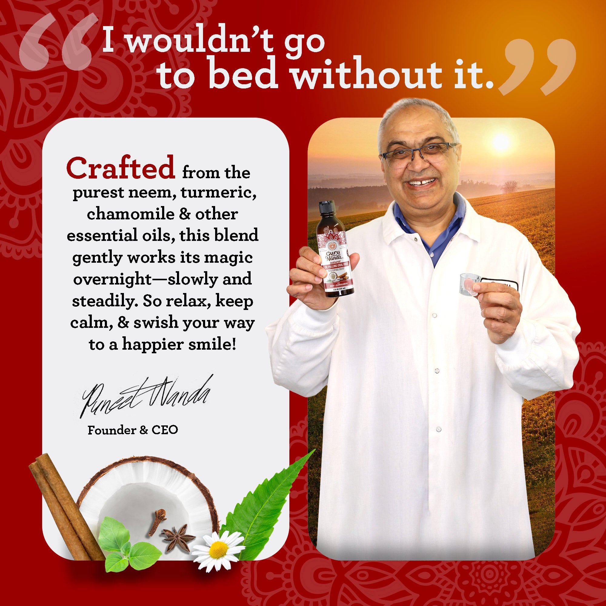 Man in a white coat holding a bottle with text about essential oils on a red background