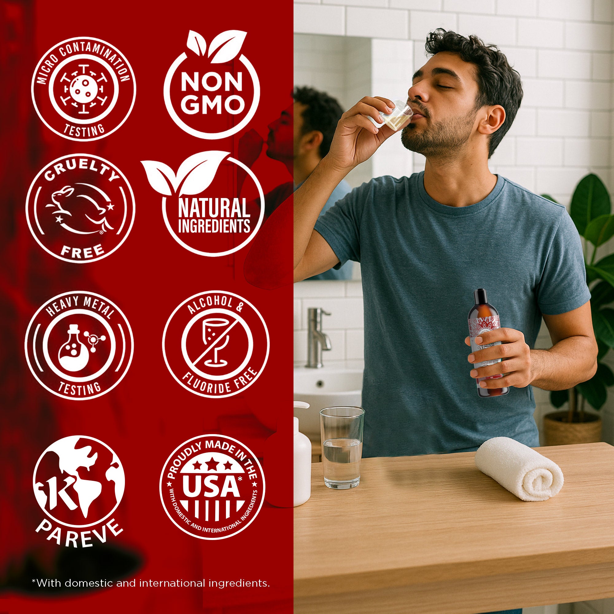 Man holding a bottle with product features on a red background