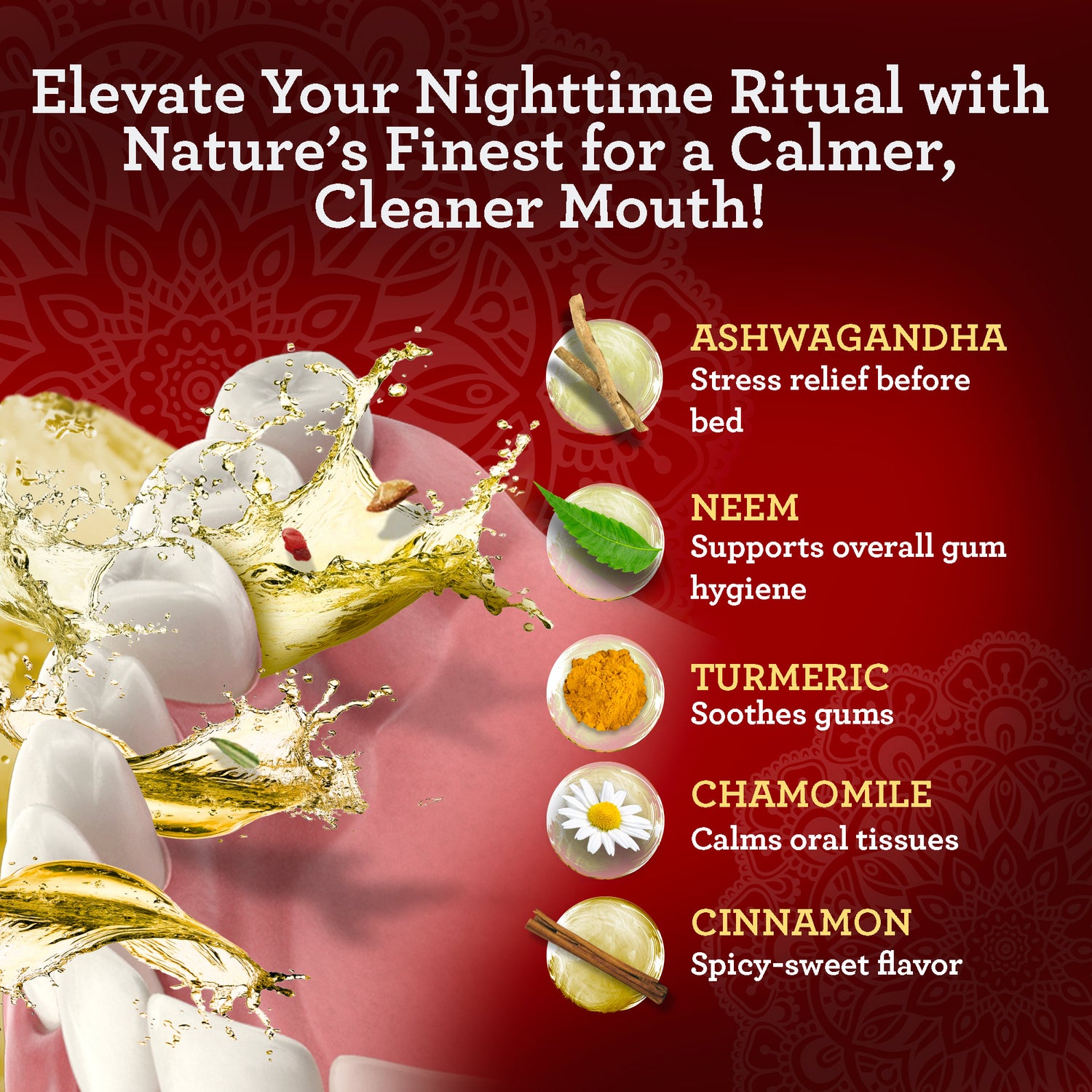 Product advertisement with ingredients and benefits on a red background