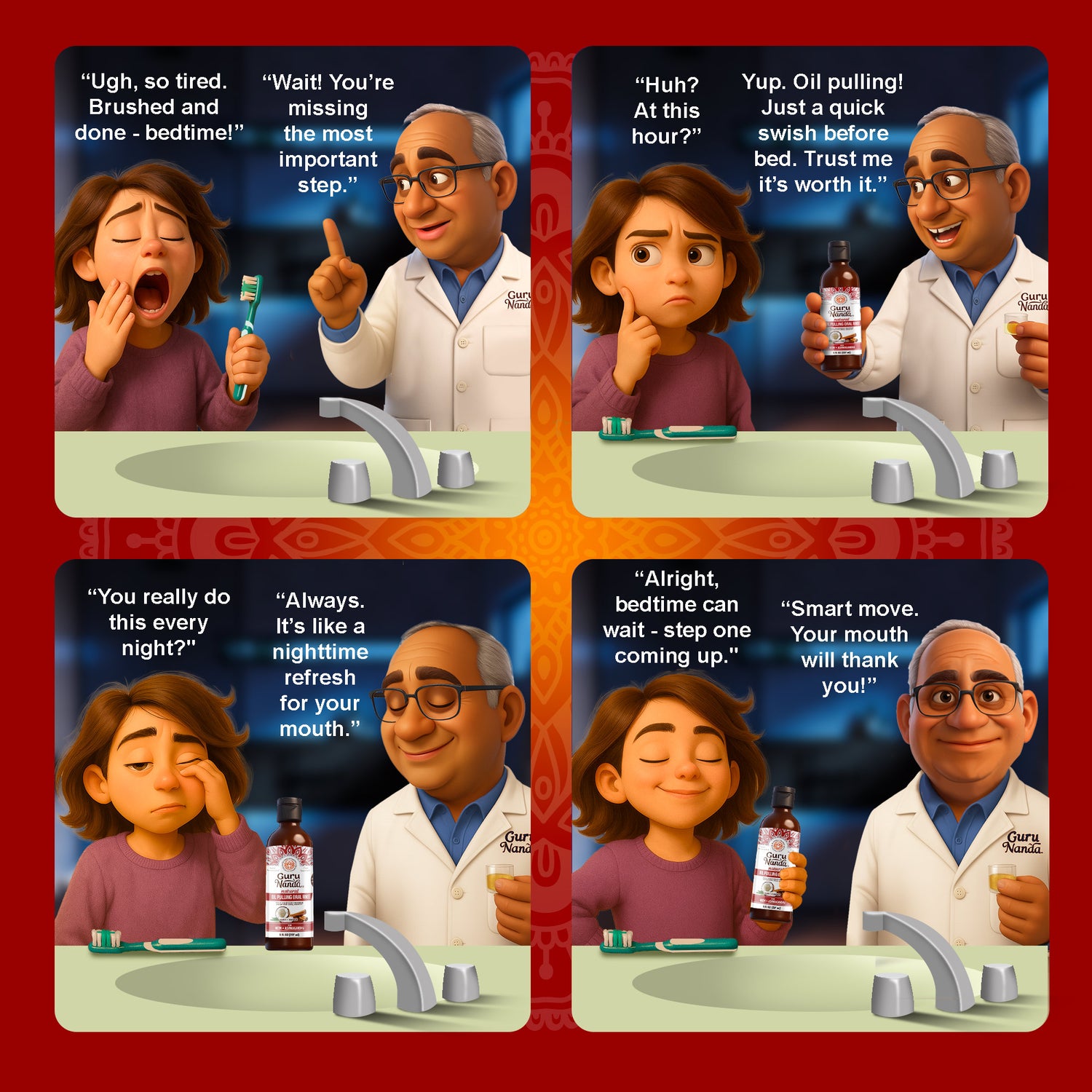 Comic strip with a doctor and a child at a bathroom sink, discussing dental care.