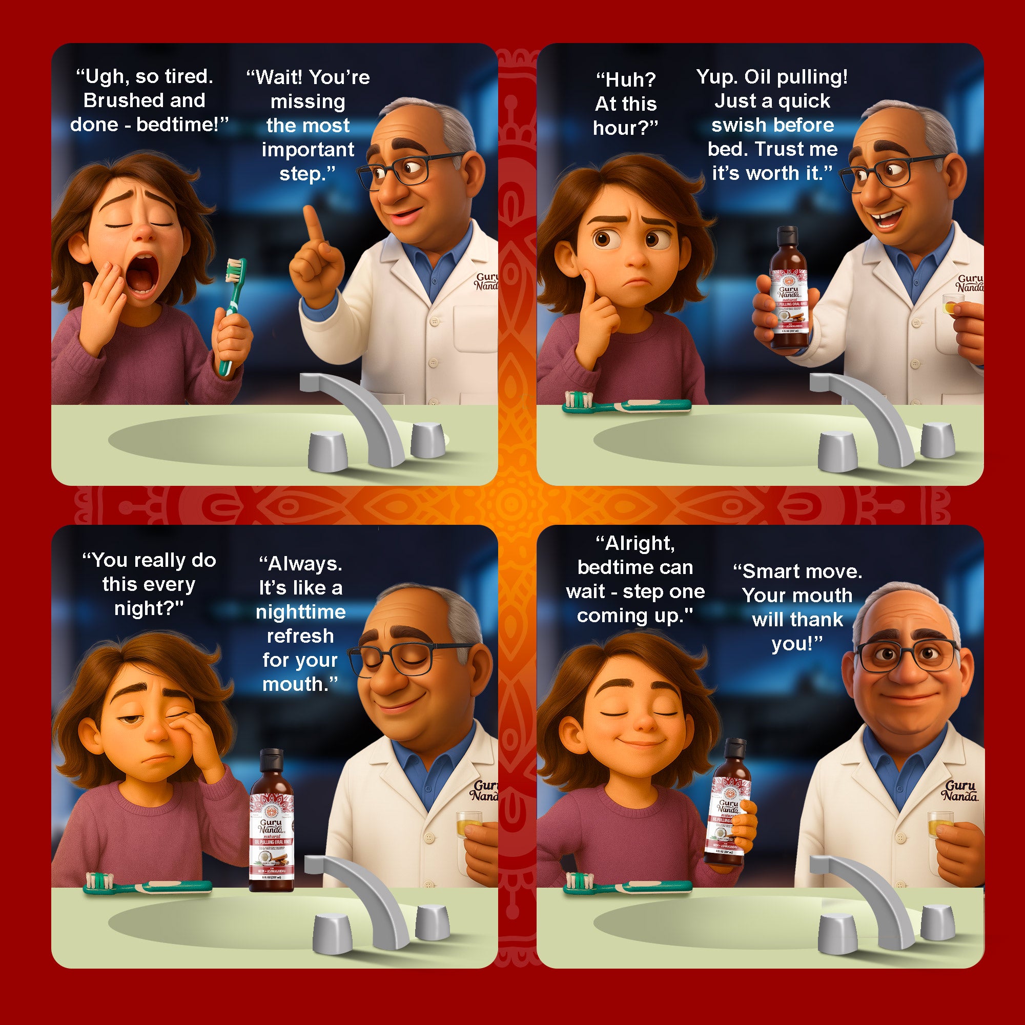 Comic strip with a doctor and a child at a bathroom sink, discussing dental care.