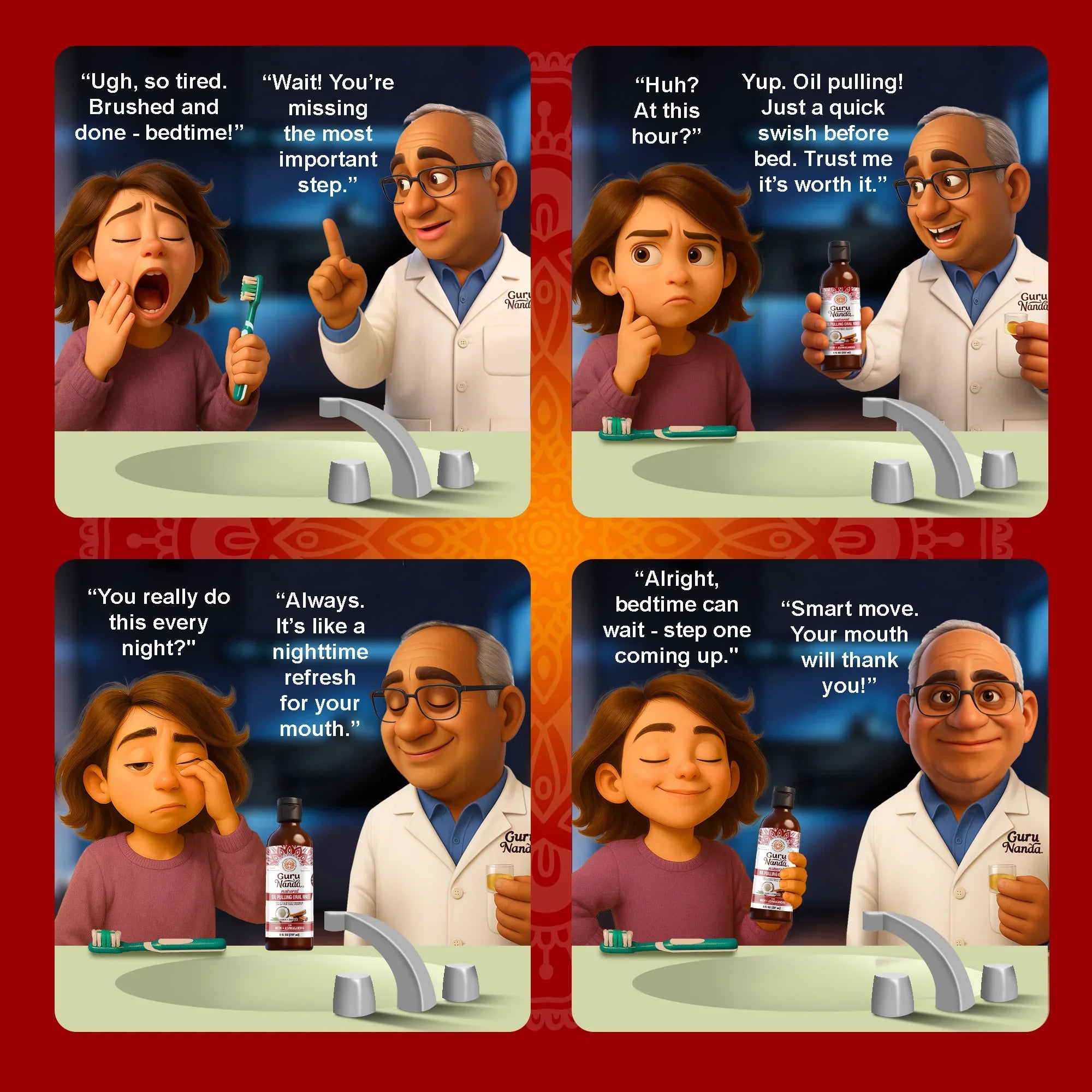 Comic strip with a doctor and a child at a bathroom sink, discussing dental care.