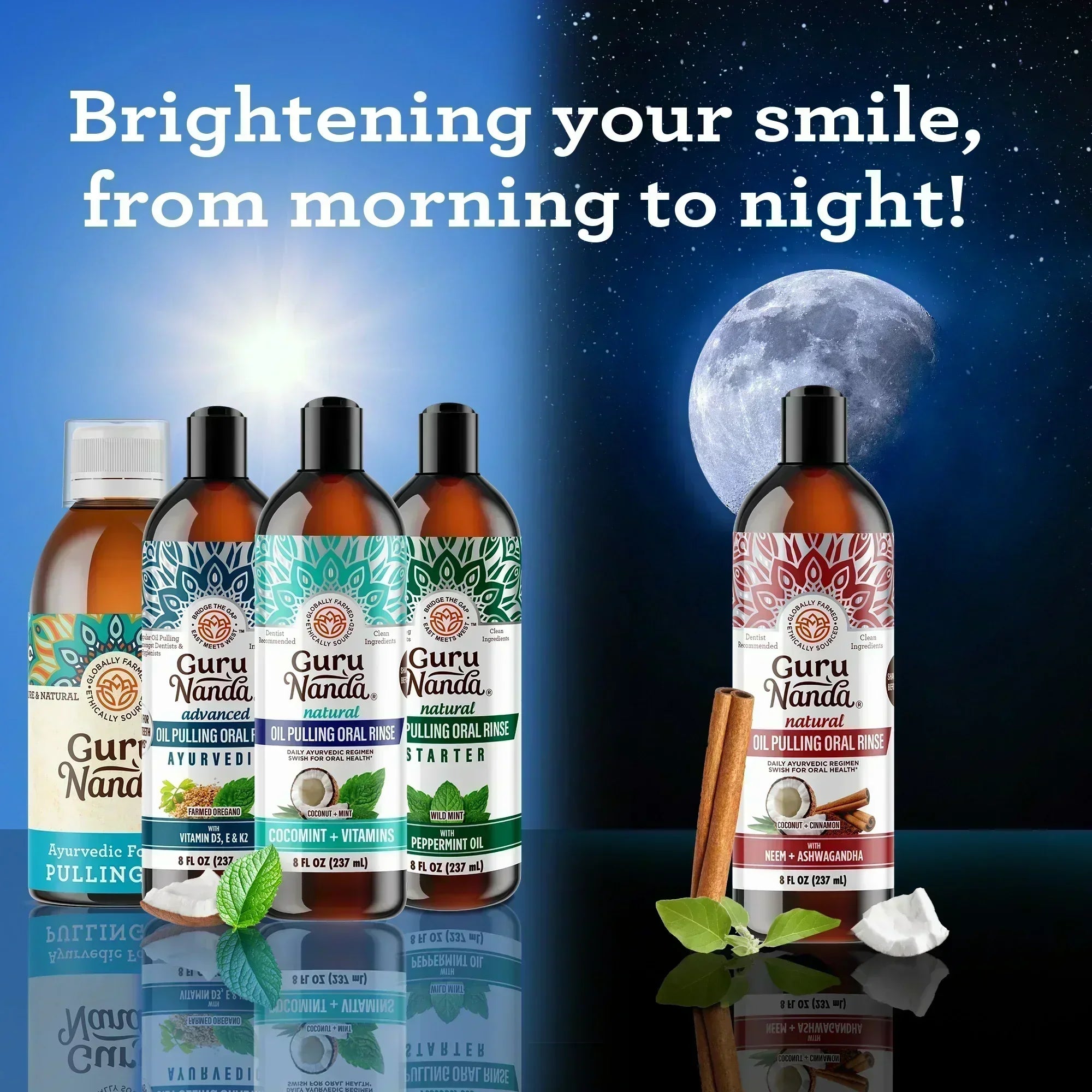 Beverage bottles with Guru Nanda labels on a reflective surface with a moonlit night background.