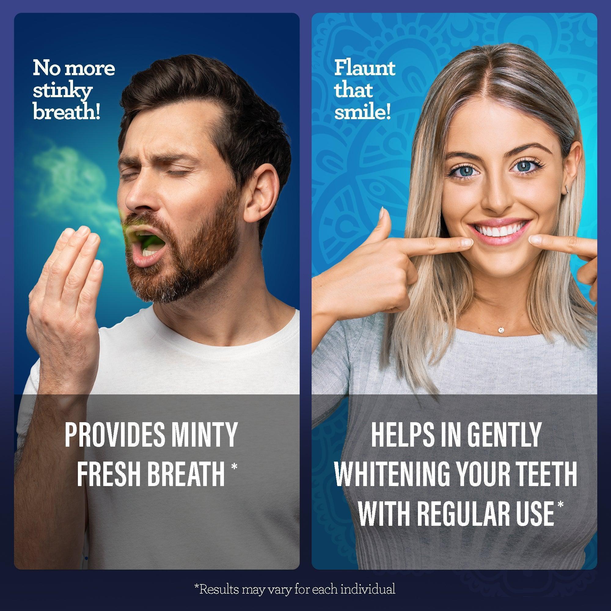 Advertisement showing a man with bad breath and a woman with a bright smile, highlighting product benefits.