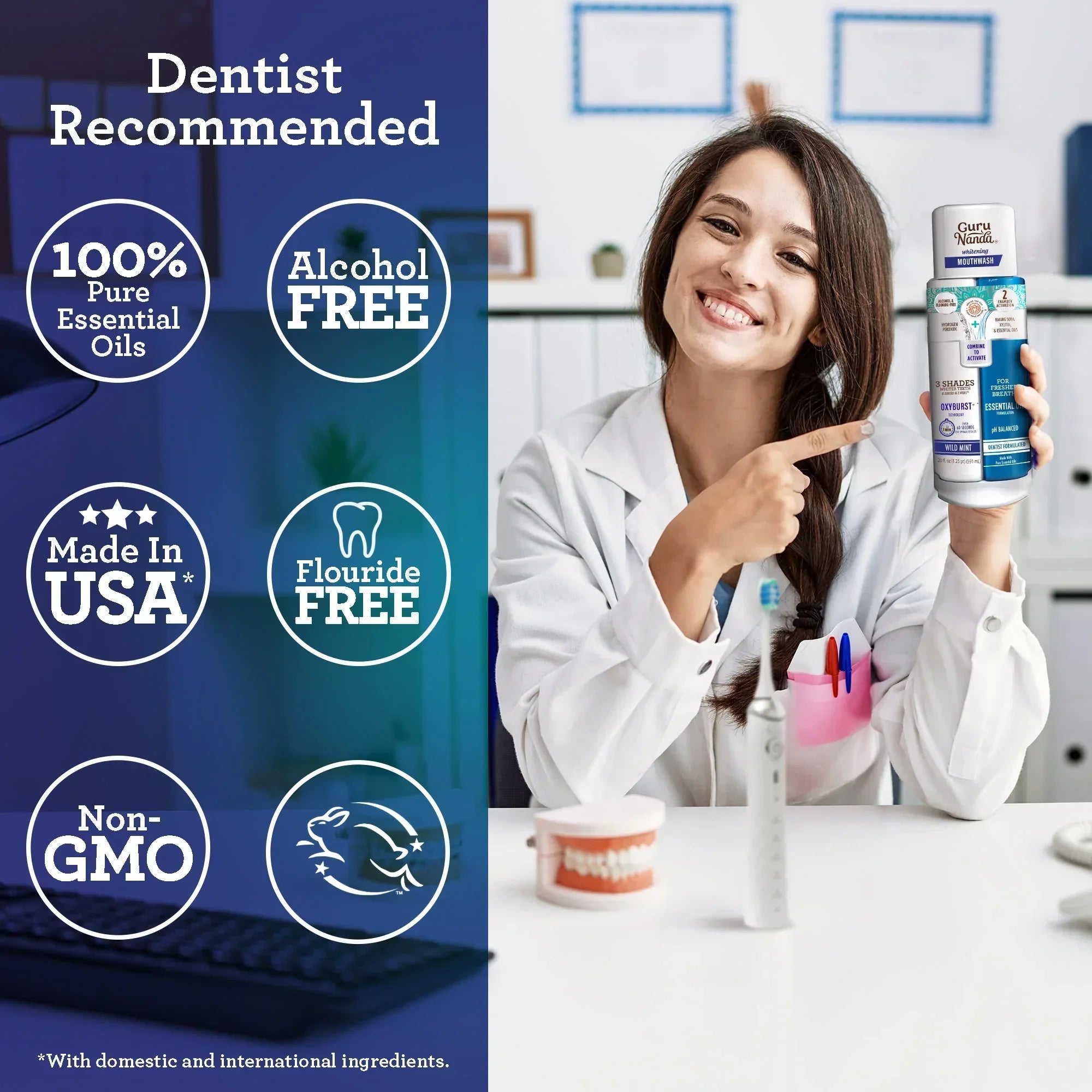 Woman in a white coat holding a bottle of dental product with product features listed on a blue background.