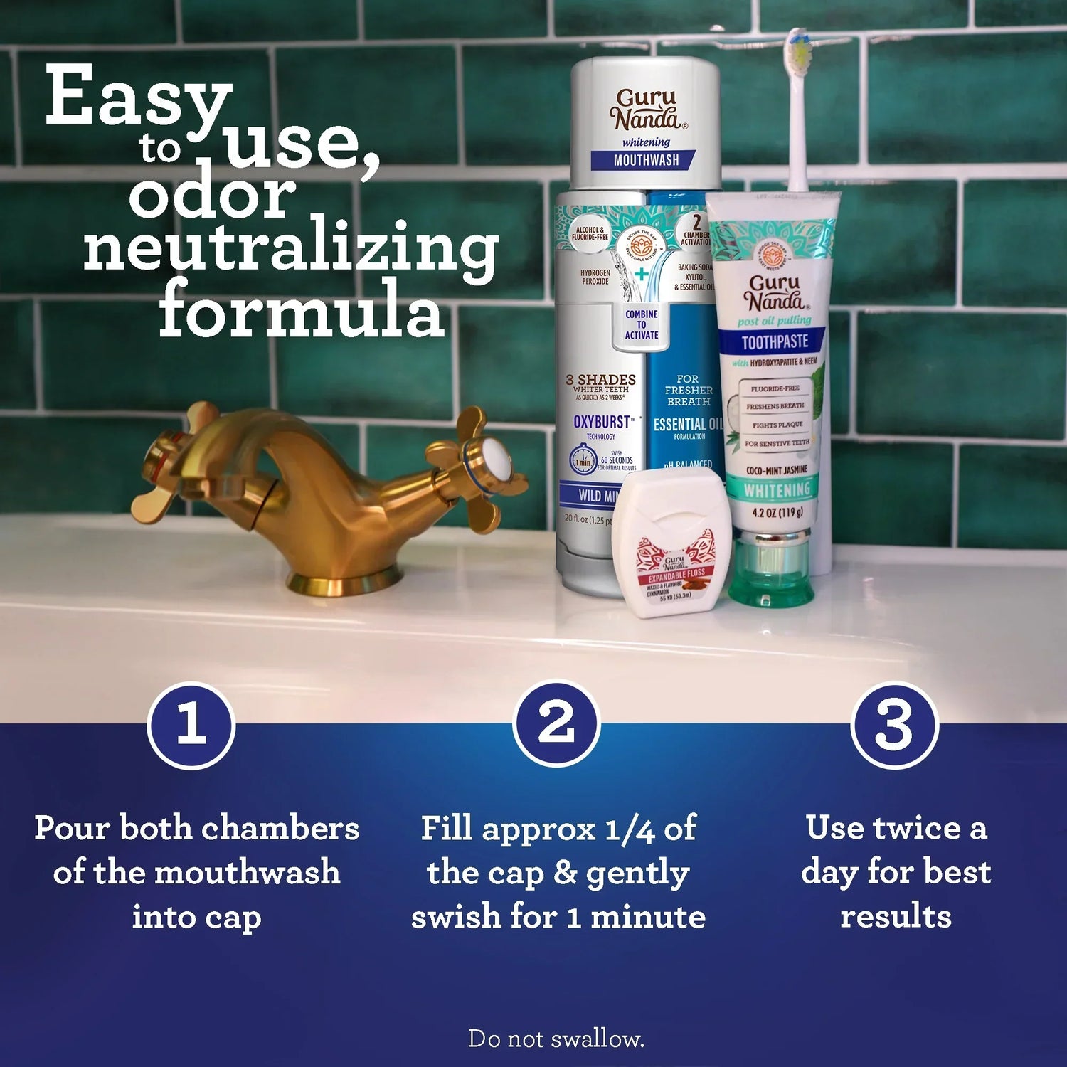 Bathroom setting with mouthwash, toothpaste, and toothbrush on a sink counter with green tiled wall.