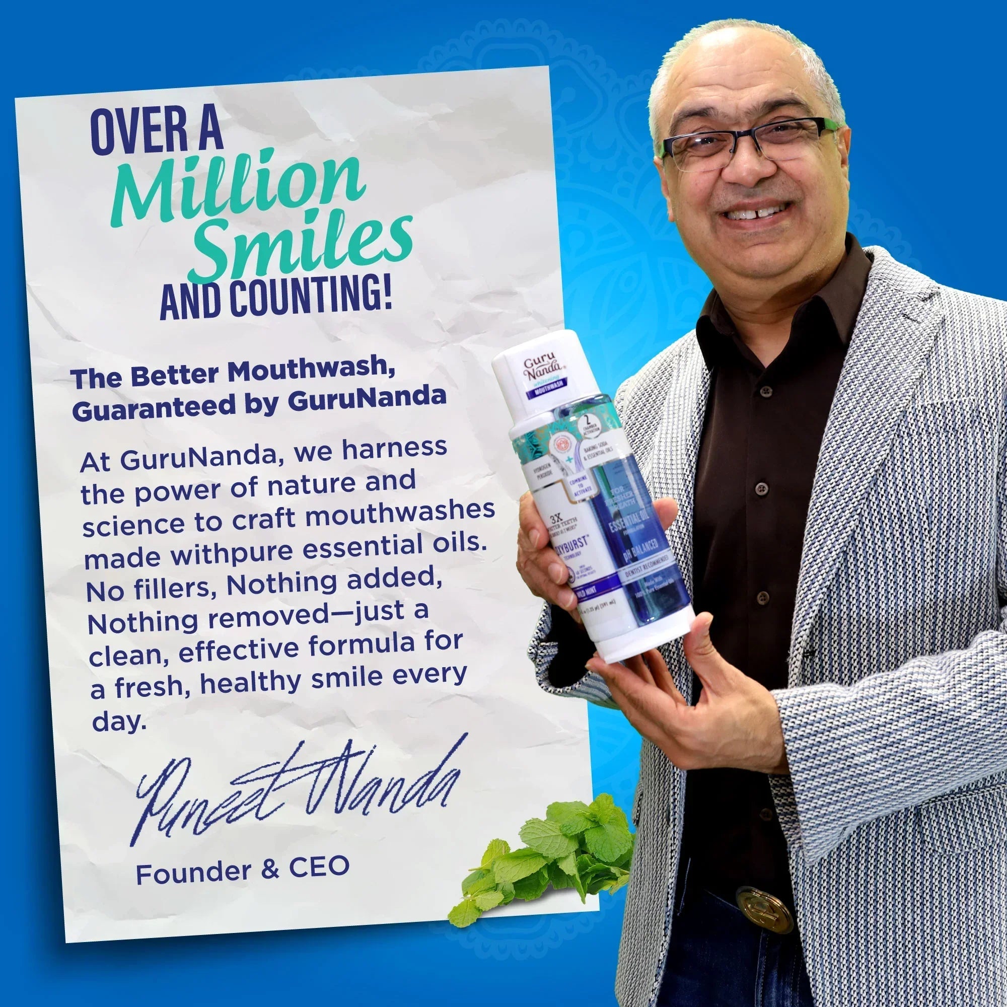 Man holding a bottle of mouthwash with promotional text about GuruNanda mouthwash on a blue background
