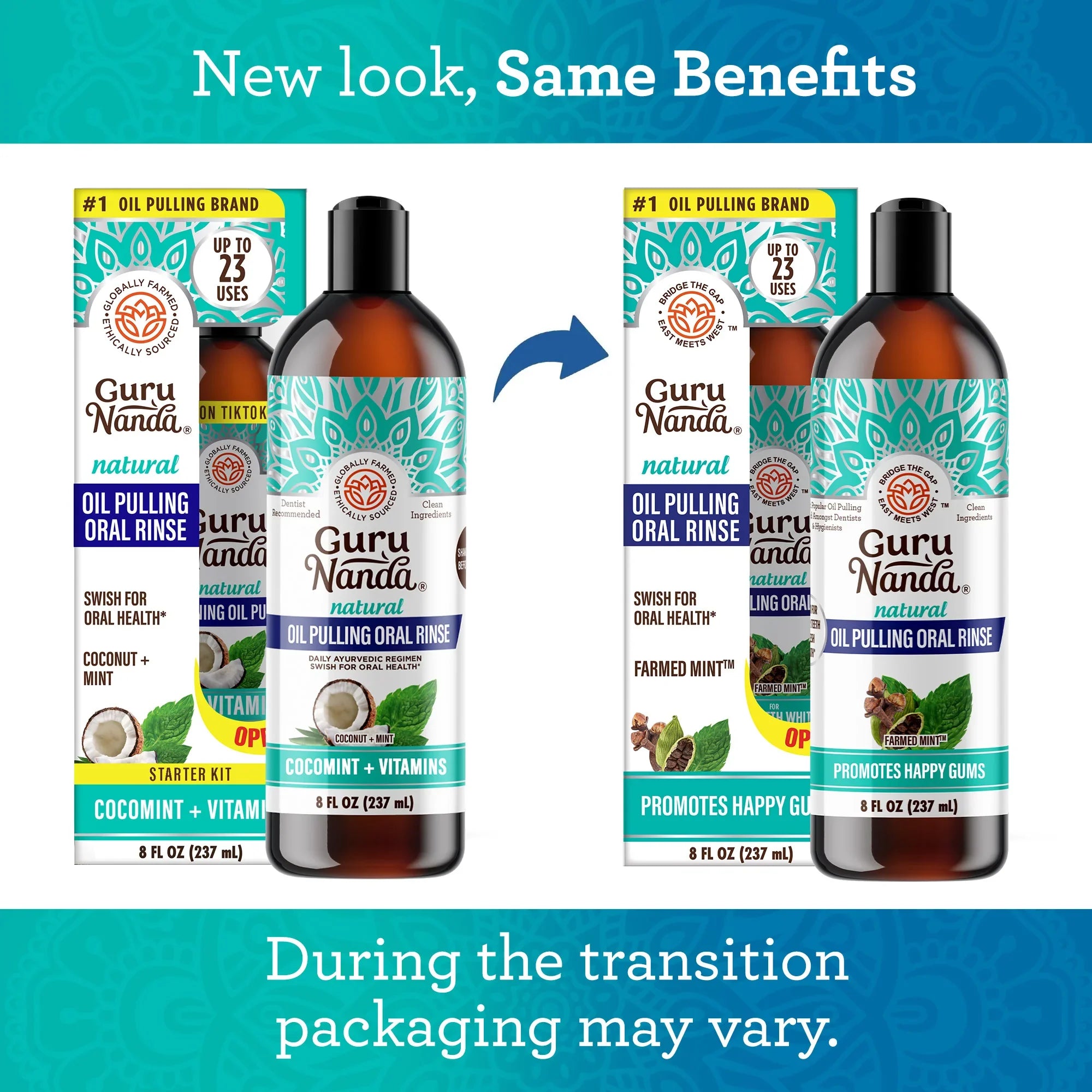 Guru Nanda oil pulling oral rinse bottles and packaging with text about new look and benefits.