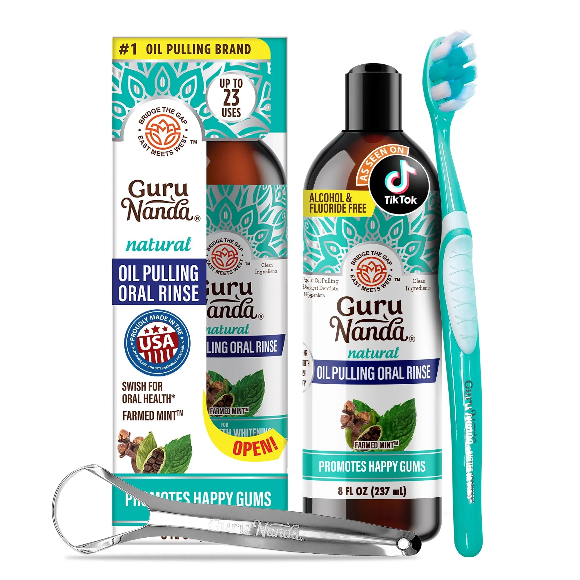 Guru Nanda oil pulling oral rinse with packaging, bottle, and toothbrush on a white background