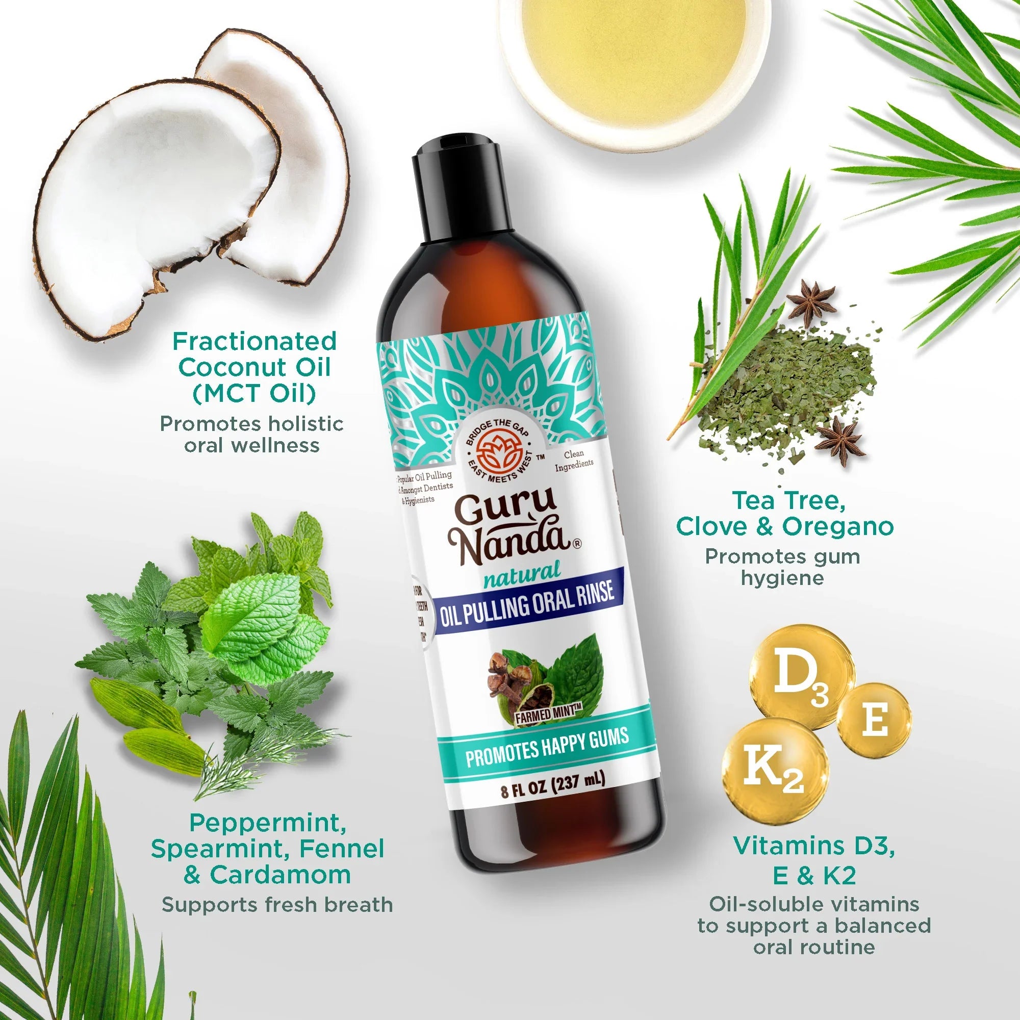 Guru Nanda oil pulling product with ingredients and benefits on a white background