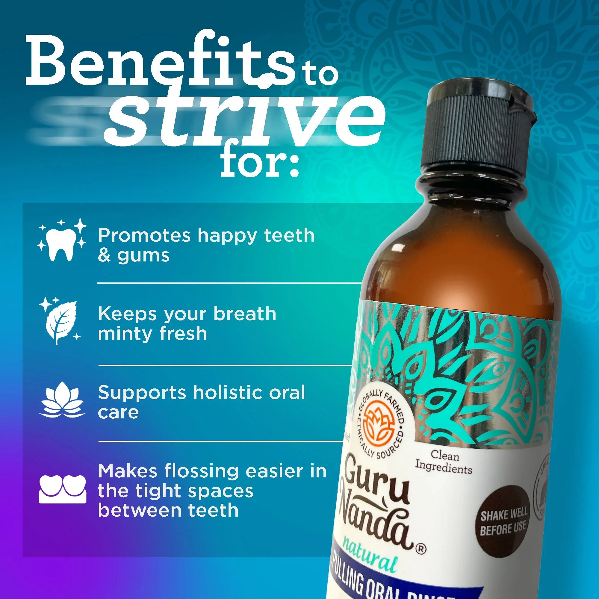 Bottle of Guru Nanda oral rinse with benefits listed on a blue and purple gradient background
